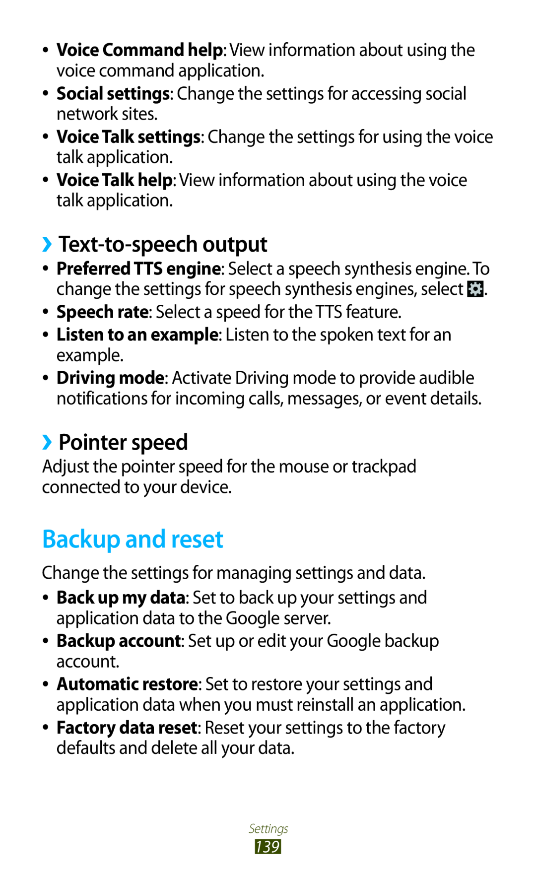 Samsung GT-I8160ZWAVIA, GT-I8160ZWADBT, GT-I8160OKAEPL manual Backup and reset, ››Text-to-speech output, ››Pointer speed 