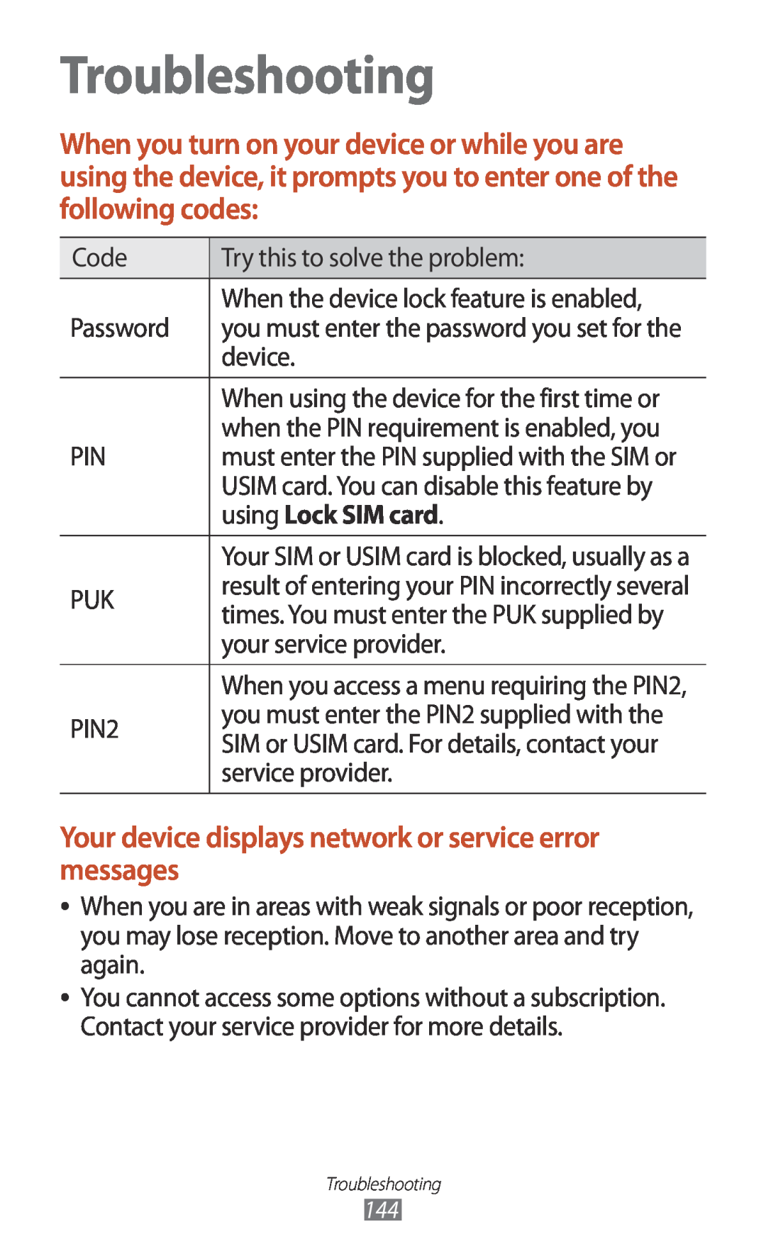 Samsung GT-I8160ZWADBT, GT-I8160OKAEPL manual Troubleshooting, Your device displays network or service error messages 
