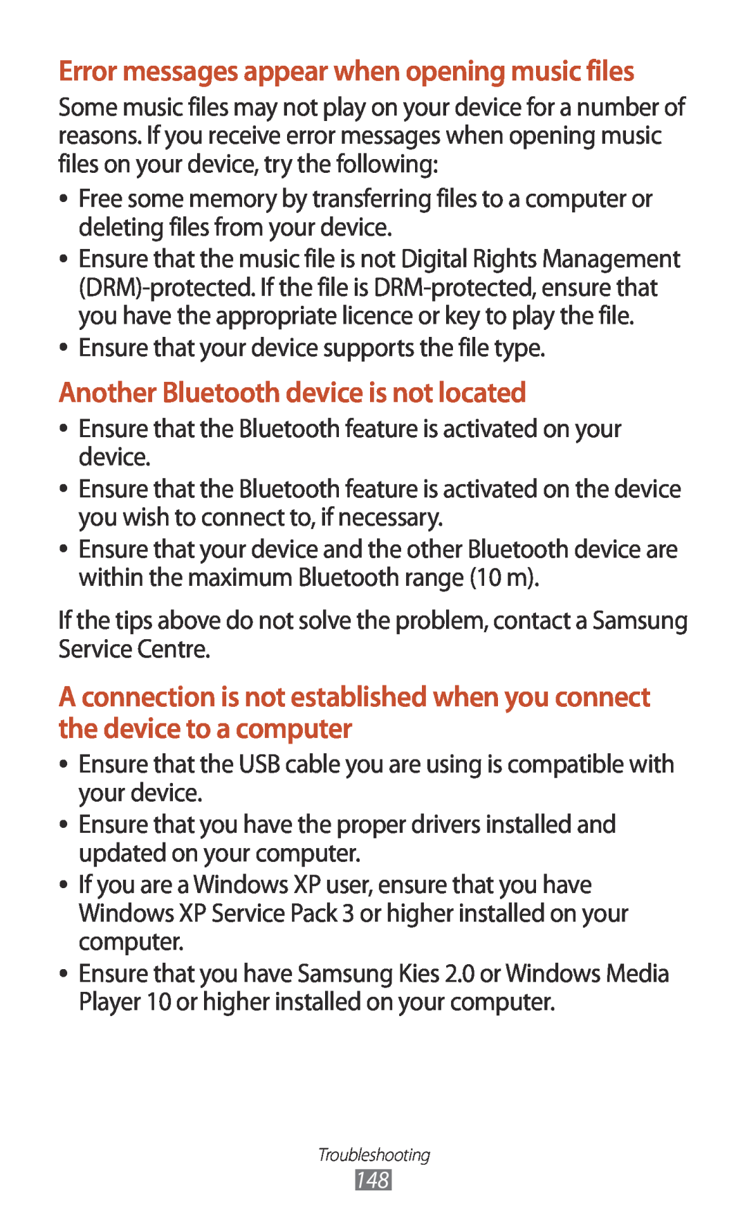 Samsung GT-I8160OKAEUR manual Another Bluetooth device is not located, Error messages appear when opening music files 