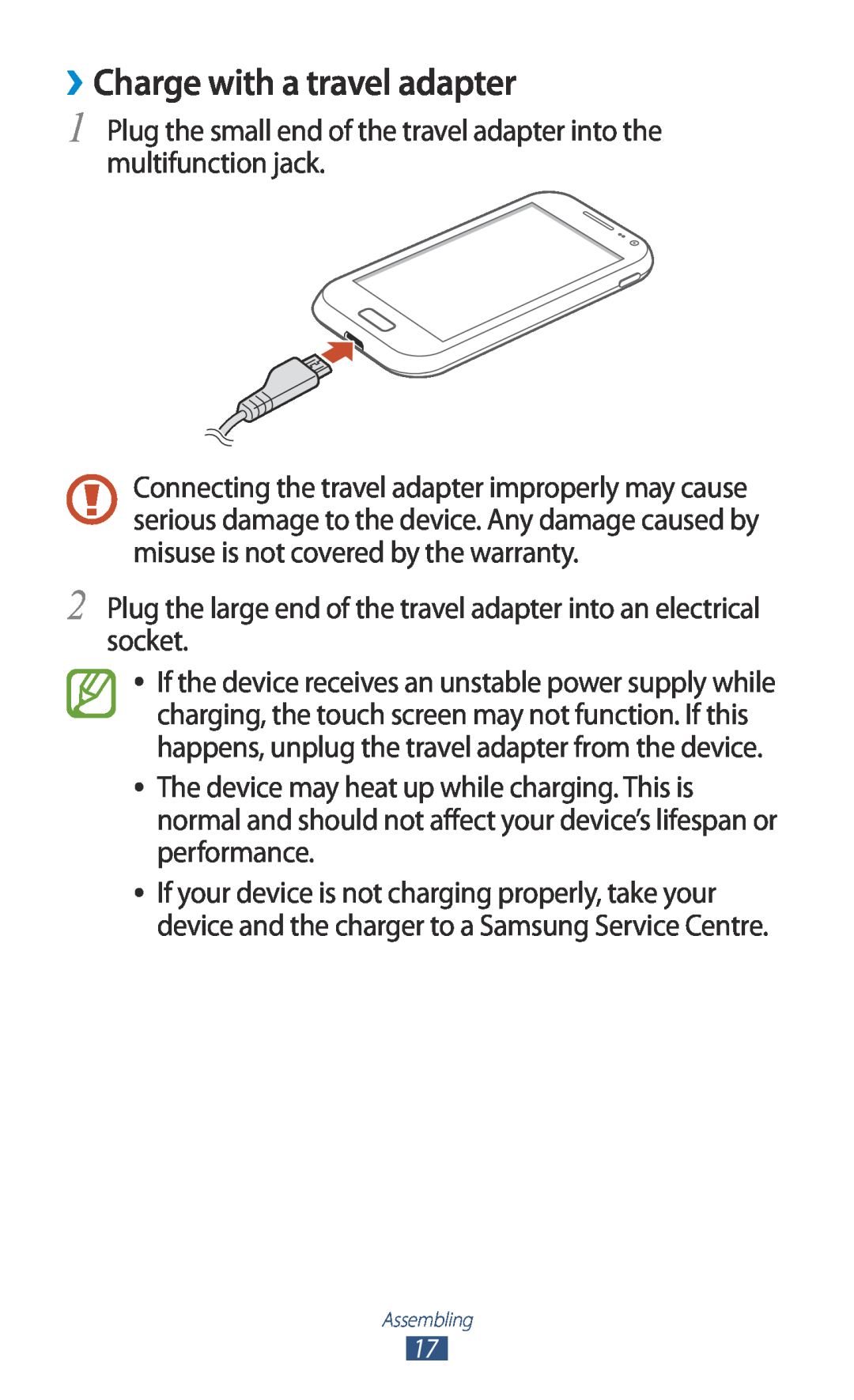 Samsung GT-I8160OKAHUI, GT-I8160ZWADBT, GT-I8160OKAEPL, GT-I8160OKAXEO, GT-I8160OKATUR manual ››Charge with a travel adapter 