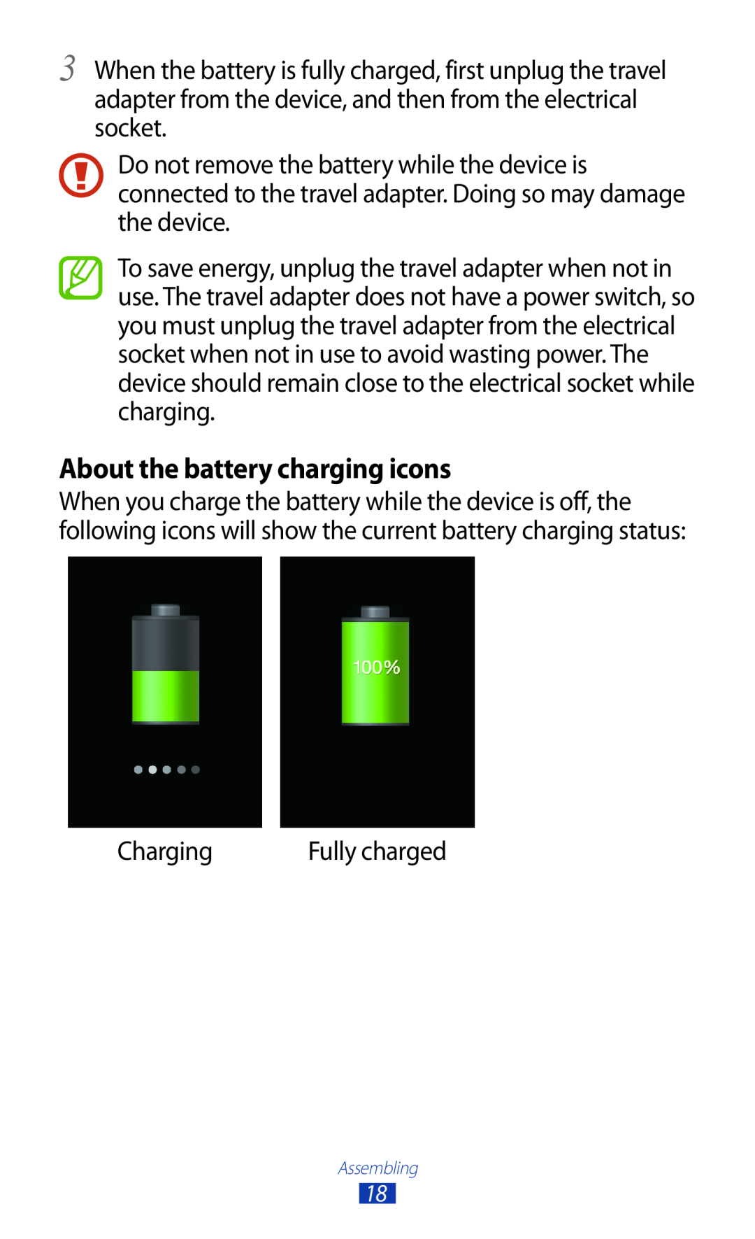 Samsung GT-I8160OKACOS, GT-I8160ZWADBT, GT-I8160OKAEPL, GT-I8160OKAXEO, GT-I8160OKATUR manual About the battery charging icons 