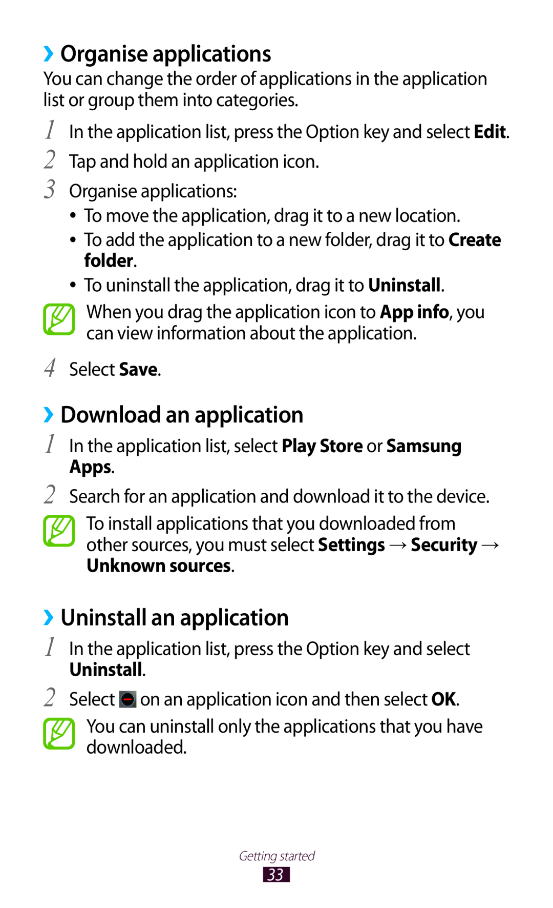 Samsung GT-I8160OKATPL manual ››Organise applications, ››Download an application, ››Uninstall an application, Apps 
