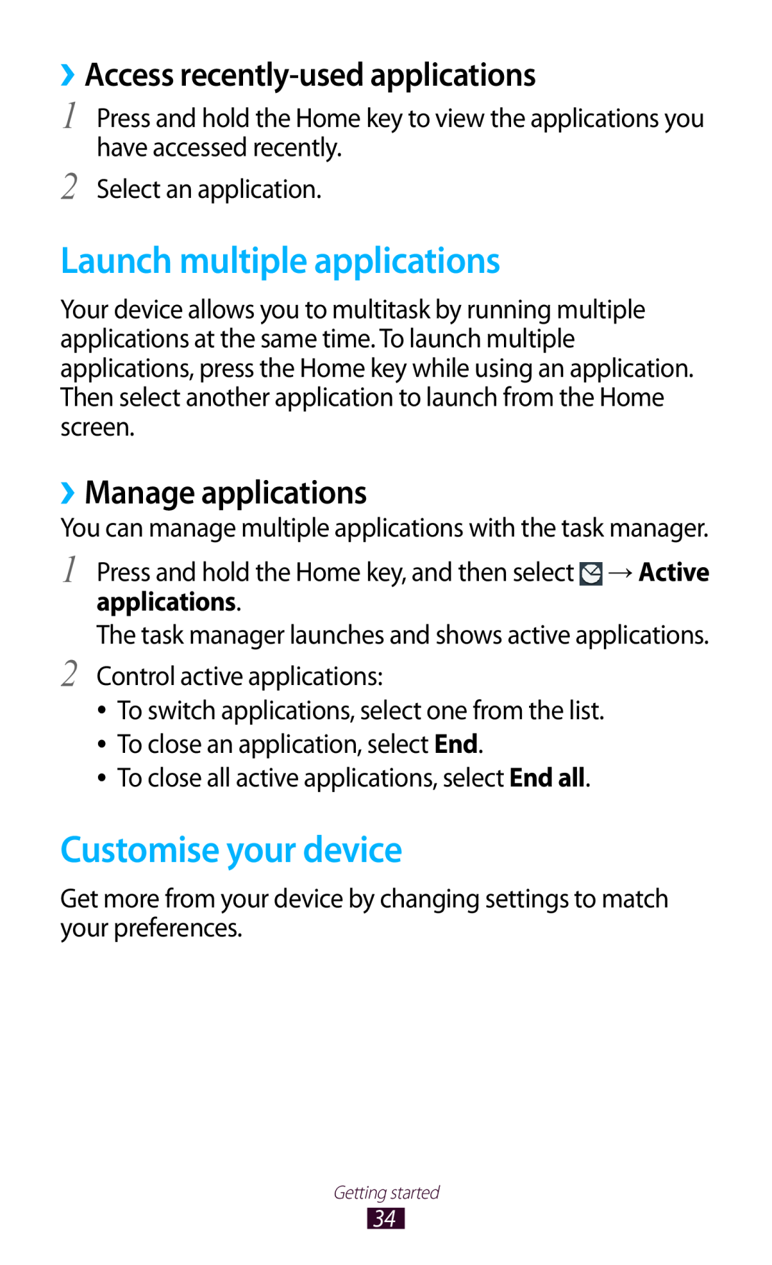 Samsung GT-I8160OKATMN manual Launch multiple applications, Customise your device, ››Access recently-used applications 