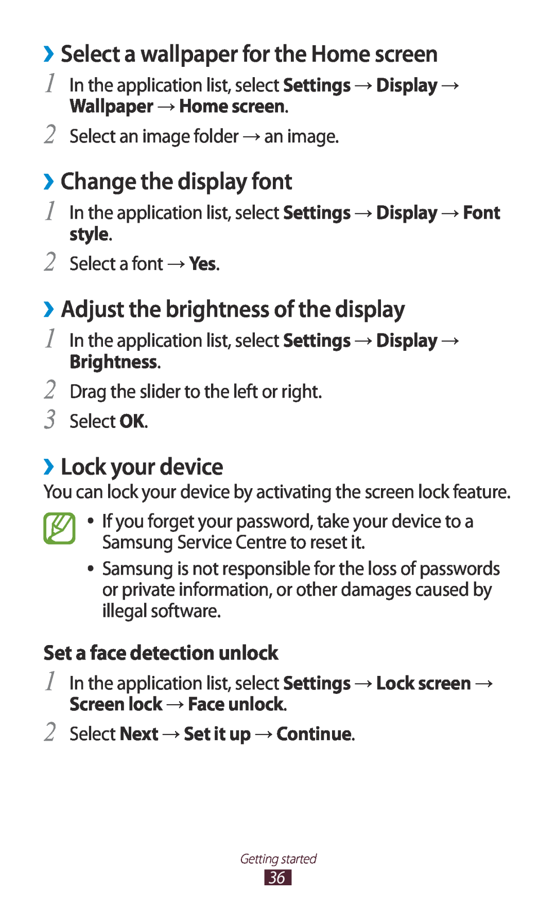 Samsung GT-I8160ZWATPH manual ››Select a wallpaper for the Home screen, ››Change the display font, ››Lock your device 