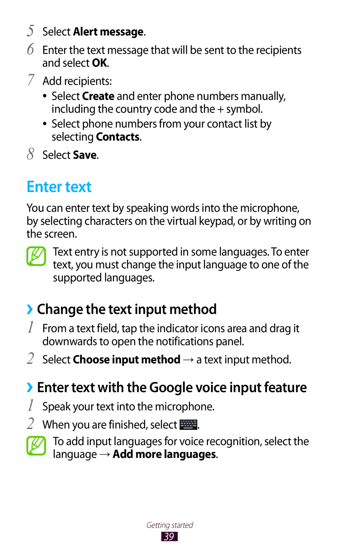 Samsung GT-I8160ZWAEPL manual ››Change the text input method, ››Enter text with the Google voice input feature 