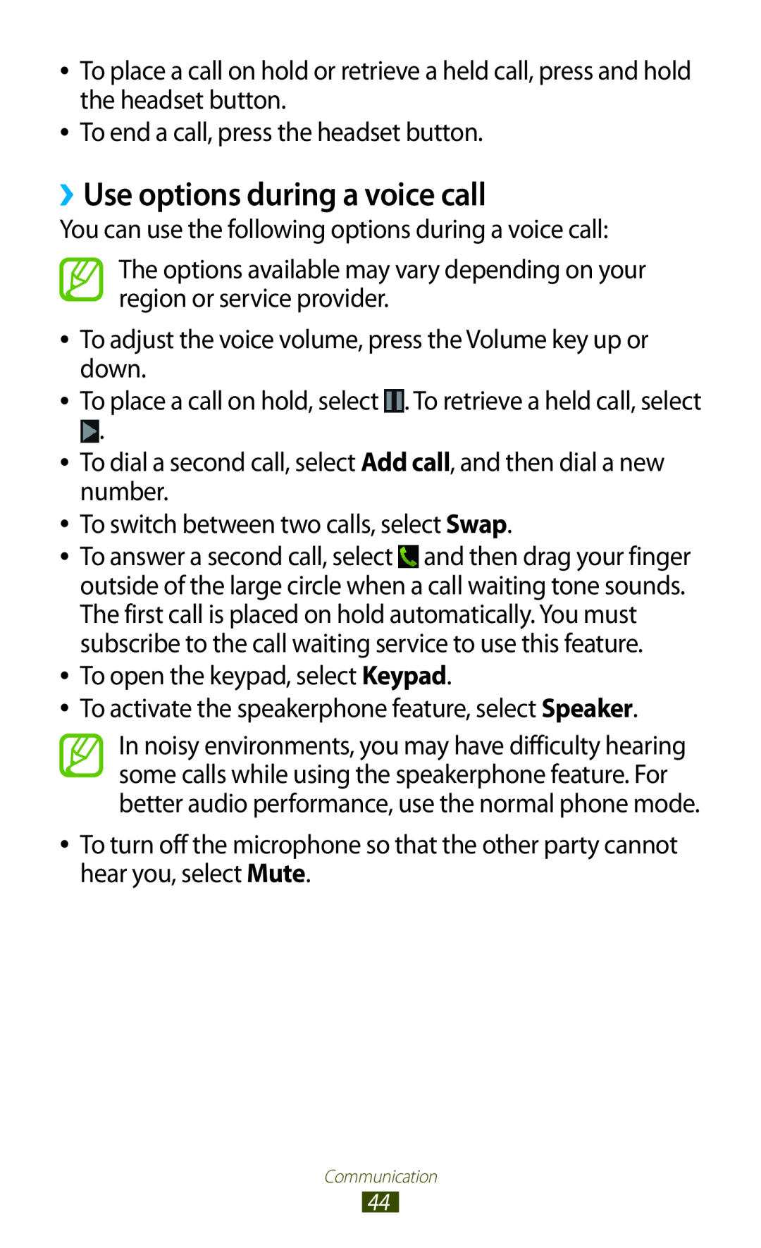 Samsung GT-I8160ZWAEUR, GT-I8160ZWADBT, GT-I8160OKAEPL, GT-I8160OKAXEO, GT-I8160OKATUR manual ››Use options during a voice call 