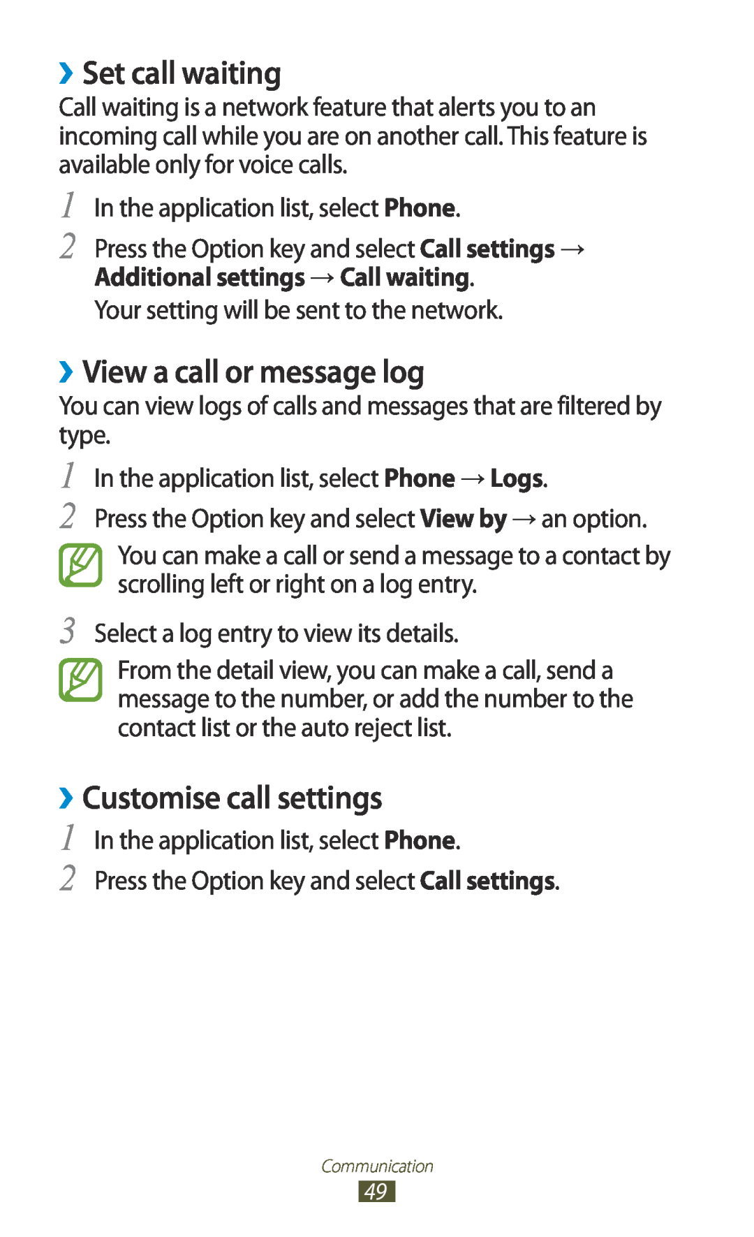 Samsung GT-I8160OKAEPL, GT-I8160ZWADBT manual ››Set call waiting, ››View a call or message log, ››Customise call settings 