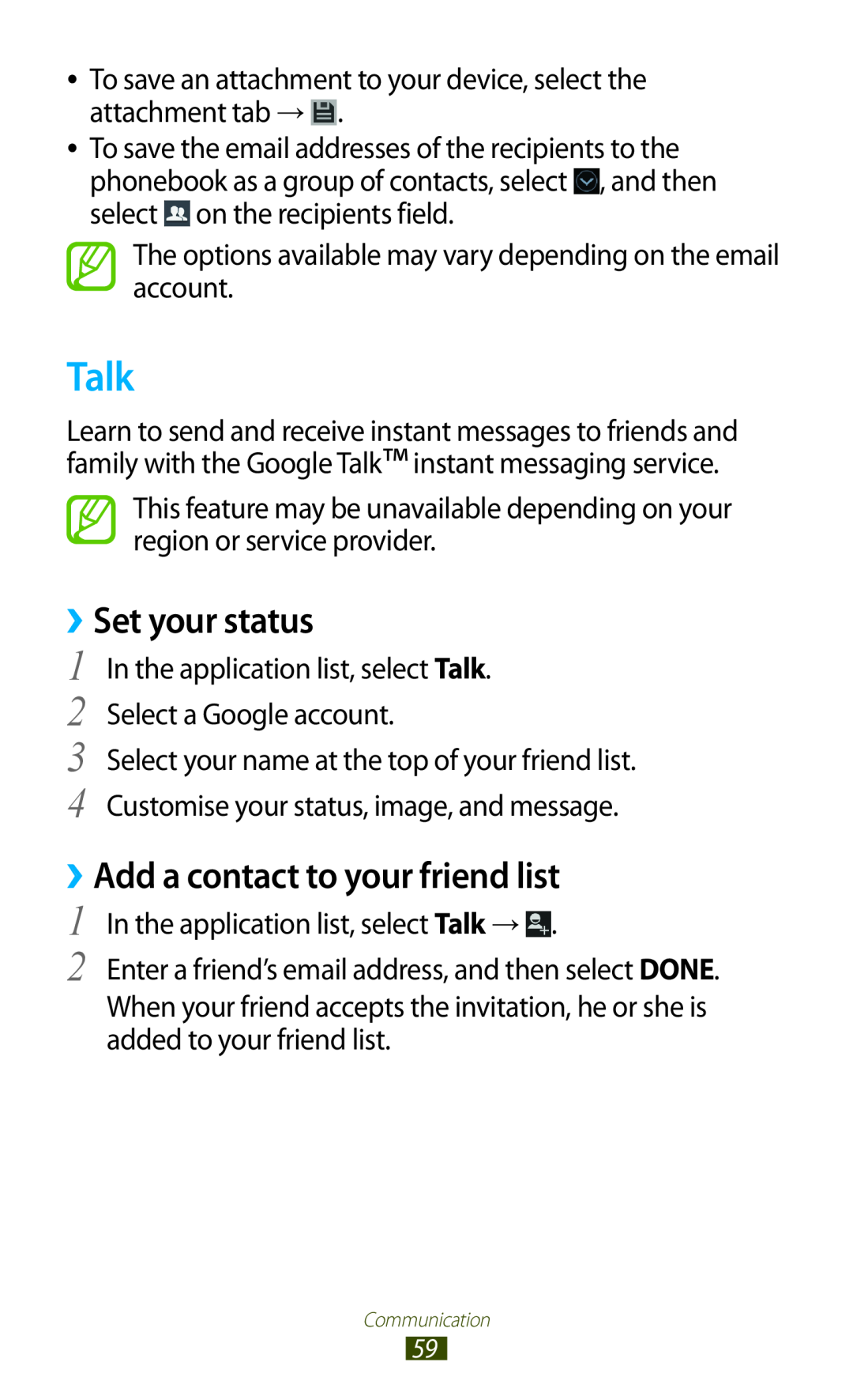 Samsung GT-I8160OKAPRT, GT-I8160ZWADBT, GT-I8160OKAEPL manual Talk, ››Set your status, ››Add a contact to your friend list 