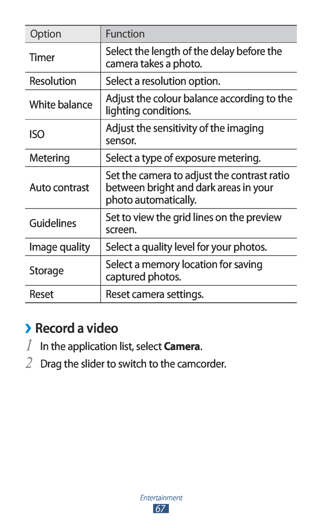 Samsung GT-I8160ZWAVIA, GT-I8160ZWADBT, GT-I8160OKAEPL manual ››Record a video, Select the length of the delay before the 