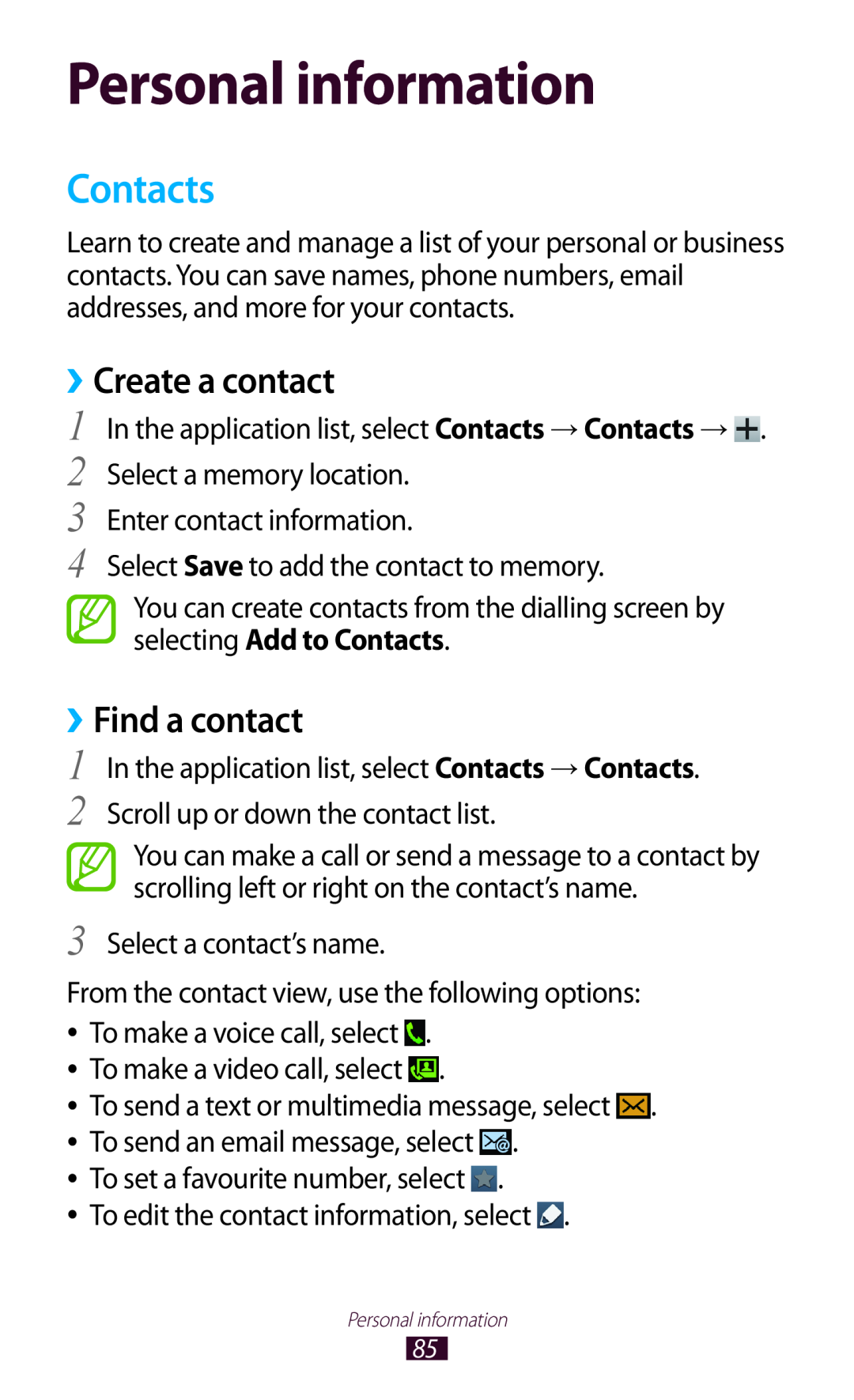 Samsung GT-I8160OKADBT, GT-I8160ZWADBT, GT-I8160OKAEPL Personal information, Contacts, ››Create a contact, ››Find a contact 
