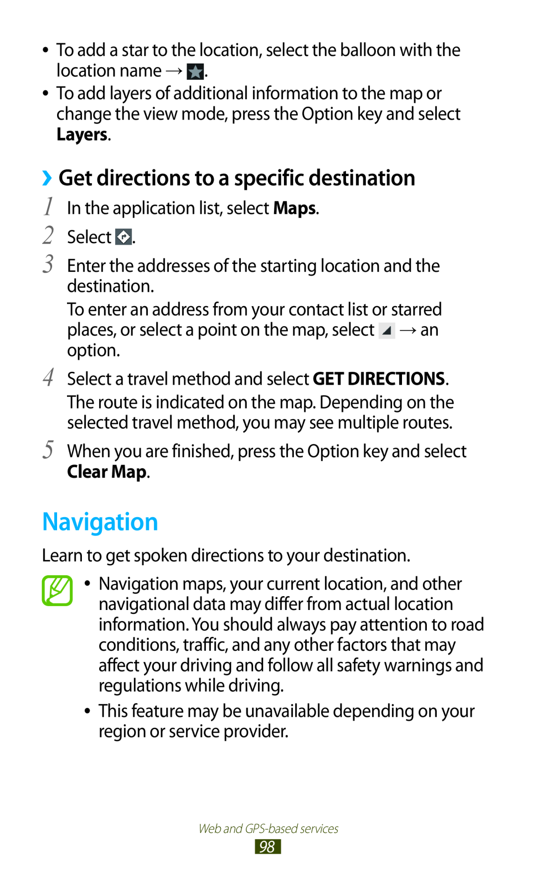 Samsung GT-I8160OKAXEO, GT-I8160ZWADBT, GT-I8160OKAEPL manual Navigation, ››Get directions to a specific destination 