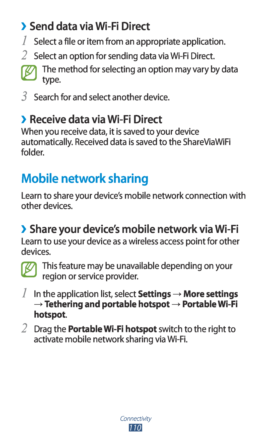 Samsung GT-I8160ZWAPHE manual Mobile network sharing, ››Send data via Wi-Fi Direct, ››Receive data via Wi-Fi Direct 