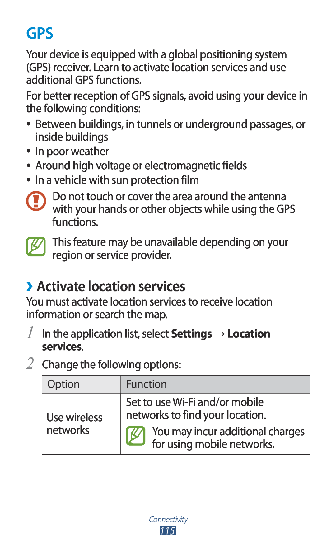 Samsung GT2I8160ZWAVVT, GT-I8160ZWADBT, GT-I8160OKAEPL, GT-I8160OKAXEO, GT-I8160OKATUR manual ››Activate location services 