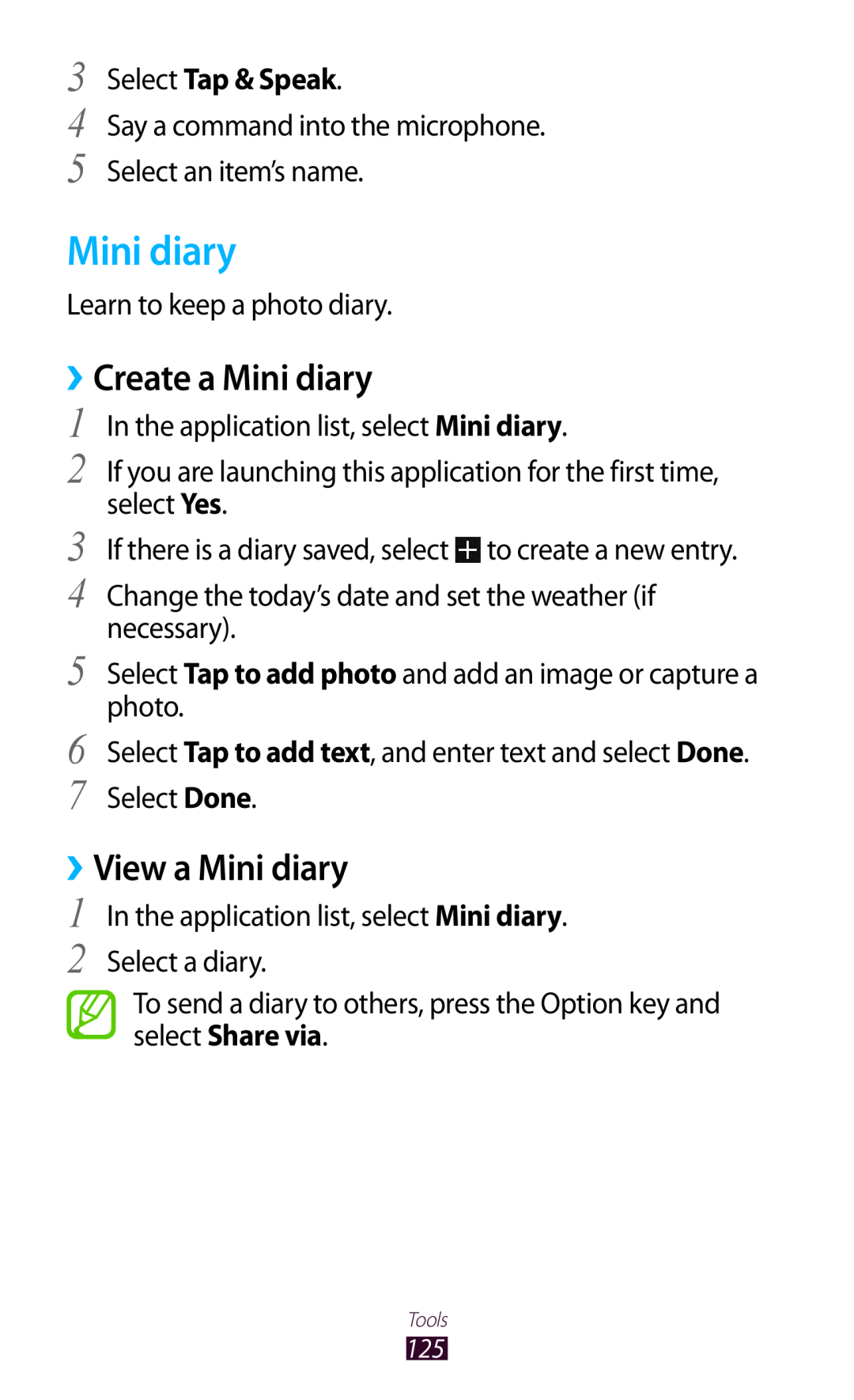Samsung GT2I8160OKPXEZ, GT-I8160ZWADBT, GT-I8160OKAEPL, GT-I8160OKAXEO manual ››Create a Mini diary, ››View a Mini diary 