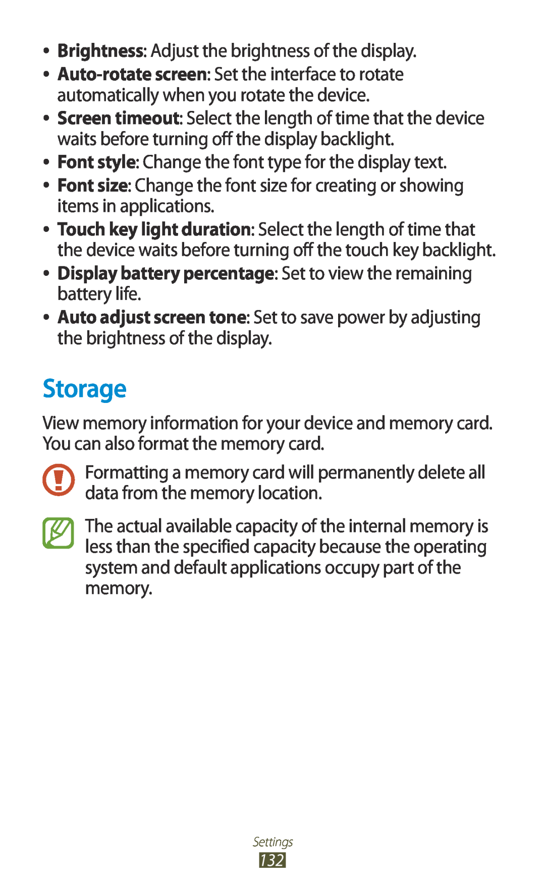 Samsung GT-I8160OKATRG, GT-I8160ZWADBT manual Storage, Display battery percentage Set to view the remaining battery life 