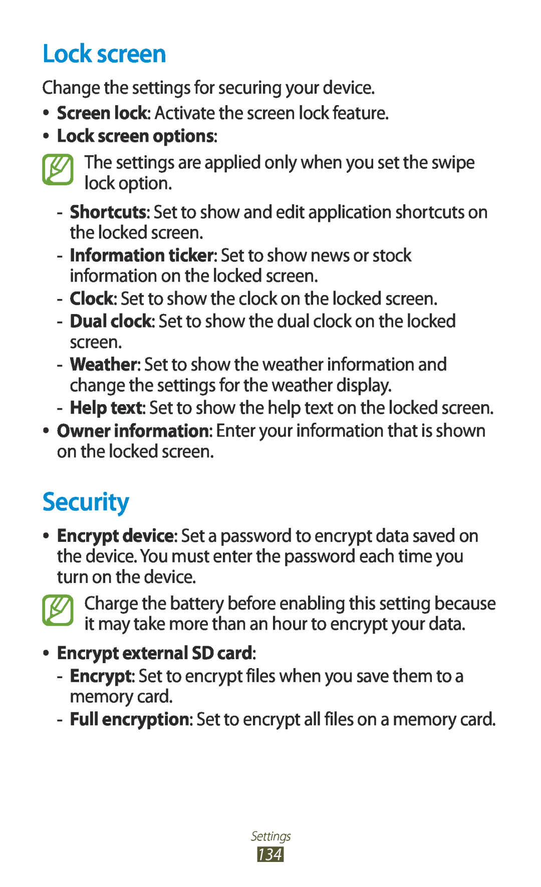 Samsung GT2I8160OKAXSK, GT-I8160ZWADBT, GT-I8160OKAEPL, GT-I8160OKAXEO manual Lock screen, Security, Encrypt external SD card 