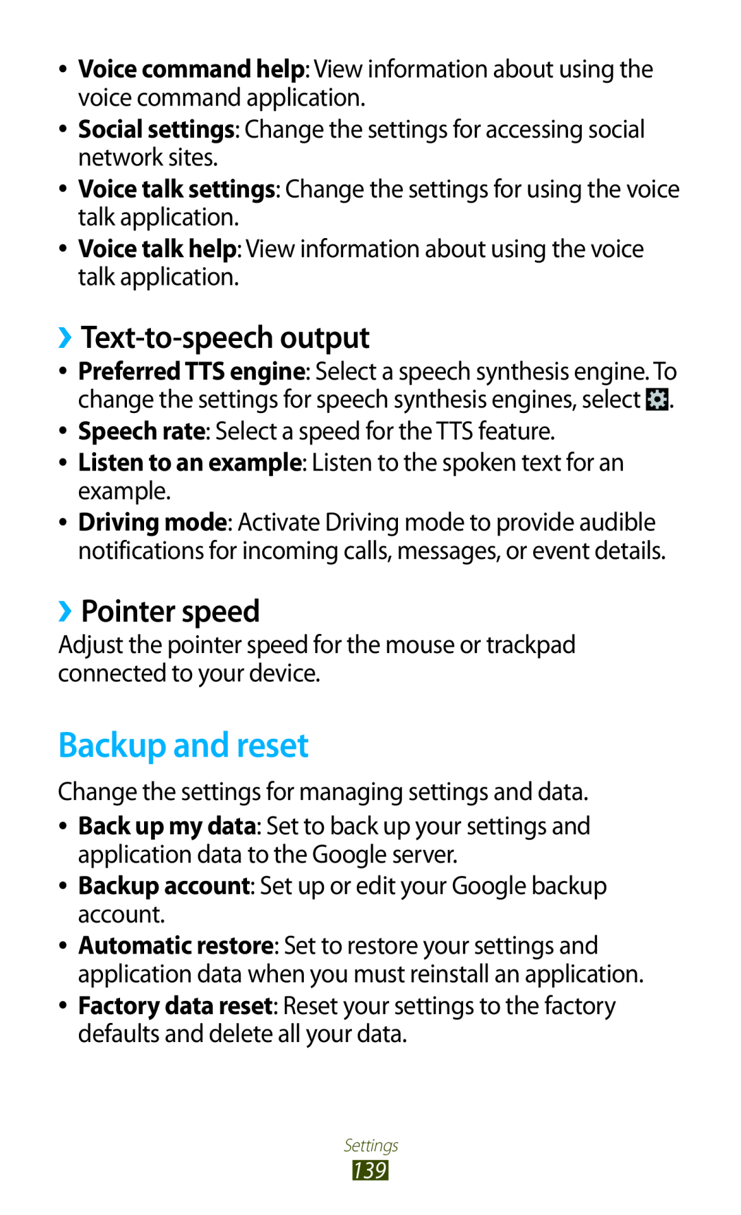 Samsung GT-I8160ZWACOS, GT-I8160ZWADBT, GT-I8160OKAEPL manual Backup and reset, ››Text-to-speech output, ››Pointer speed 