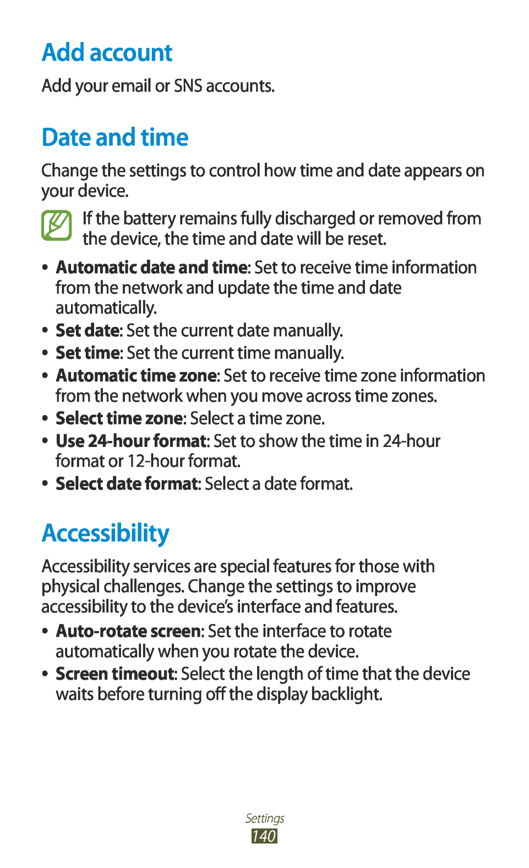 Samsung GT-I8160OKACYO, GT-I8160ZWADBT, GT-I8160OKAEPL, GT-I8160OKAXEO manual Add account, Date and time, Accessibility 