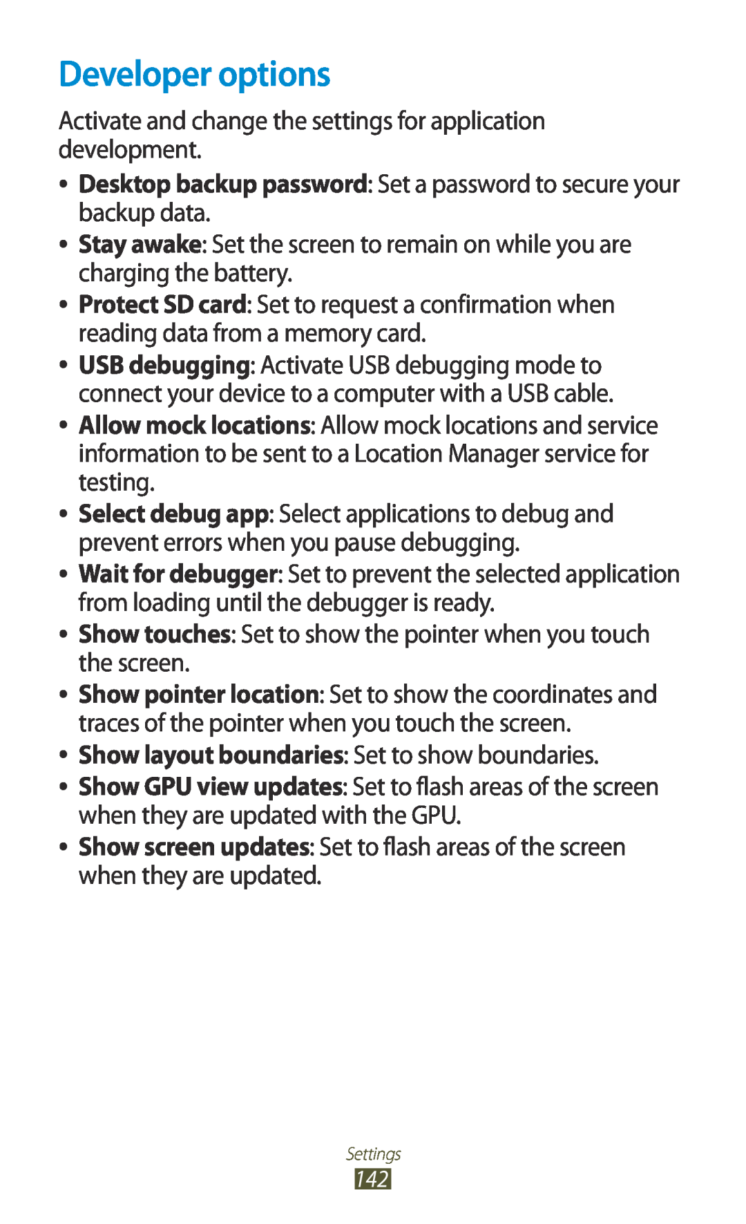 Samsung GT-I8160ZWZSER manual Developer options, Desktop backup password Set a password to secure your backup data 
