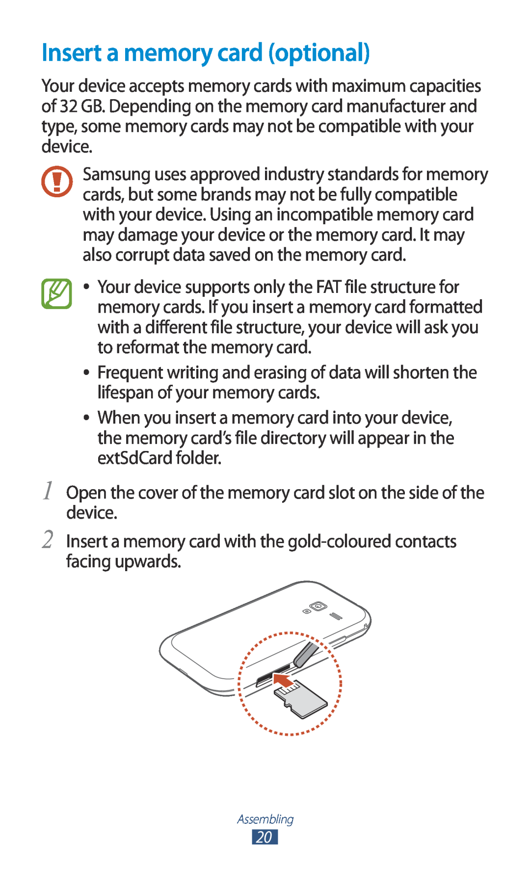 Samsung GT-I8160OKAVIT, GT-I8160ZWADBT, GT-I8160OKAEPL, GT-I8160OKAXEO, GT-I8160OKATUR manual Insert a memory card optional 