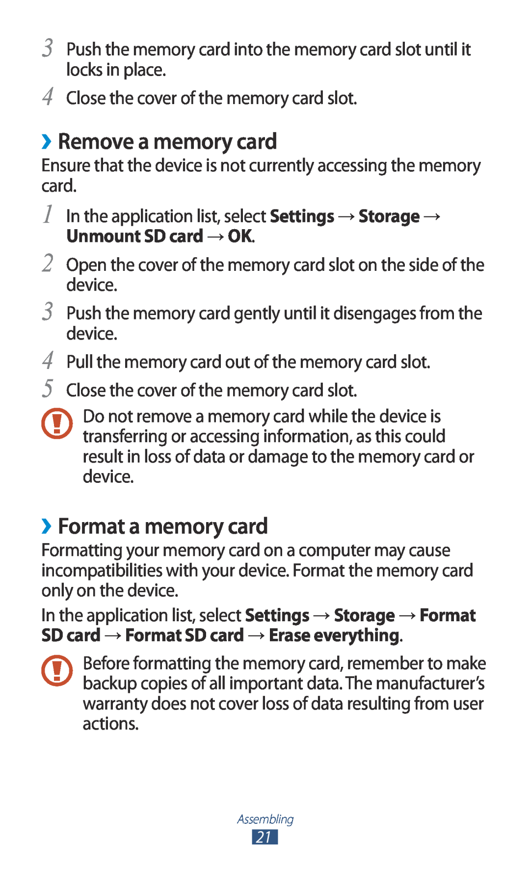 Samsung GT-I8160OKAVIA, GT-I8160ZWADBT, GT-I8160OKAEPL ››Remove a memory card, ››Format a memory card, Unmount SD card → OK 