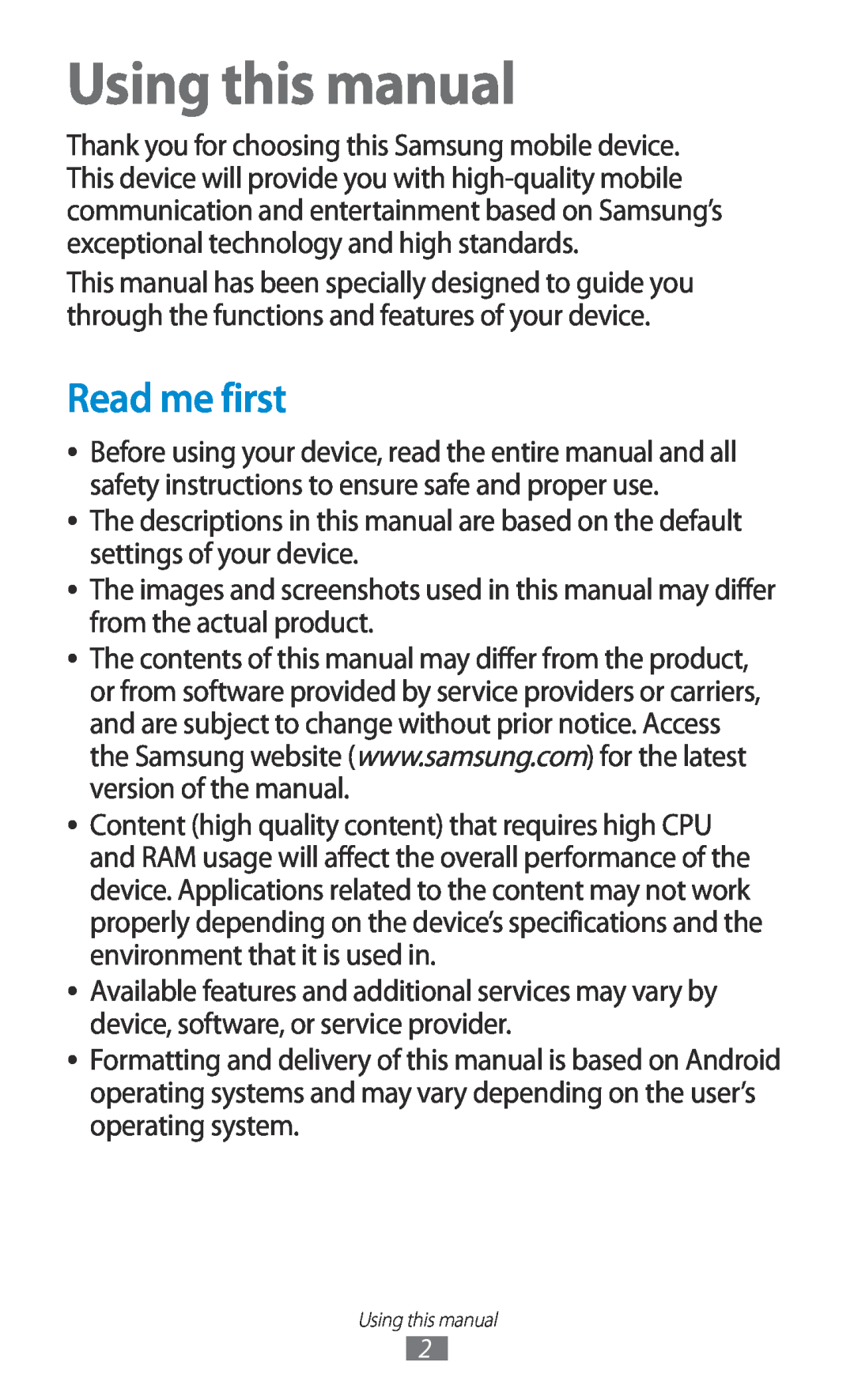 Samsung GT-I8160OKATUR, GT-I8160ZWADBT, GT-I8160OKAEPL, GT-I8160OKAXEO, GT-I8160OKAEUR Using this manual, Read me first 