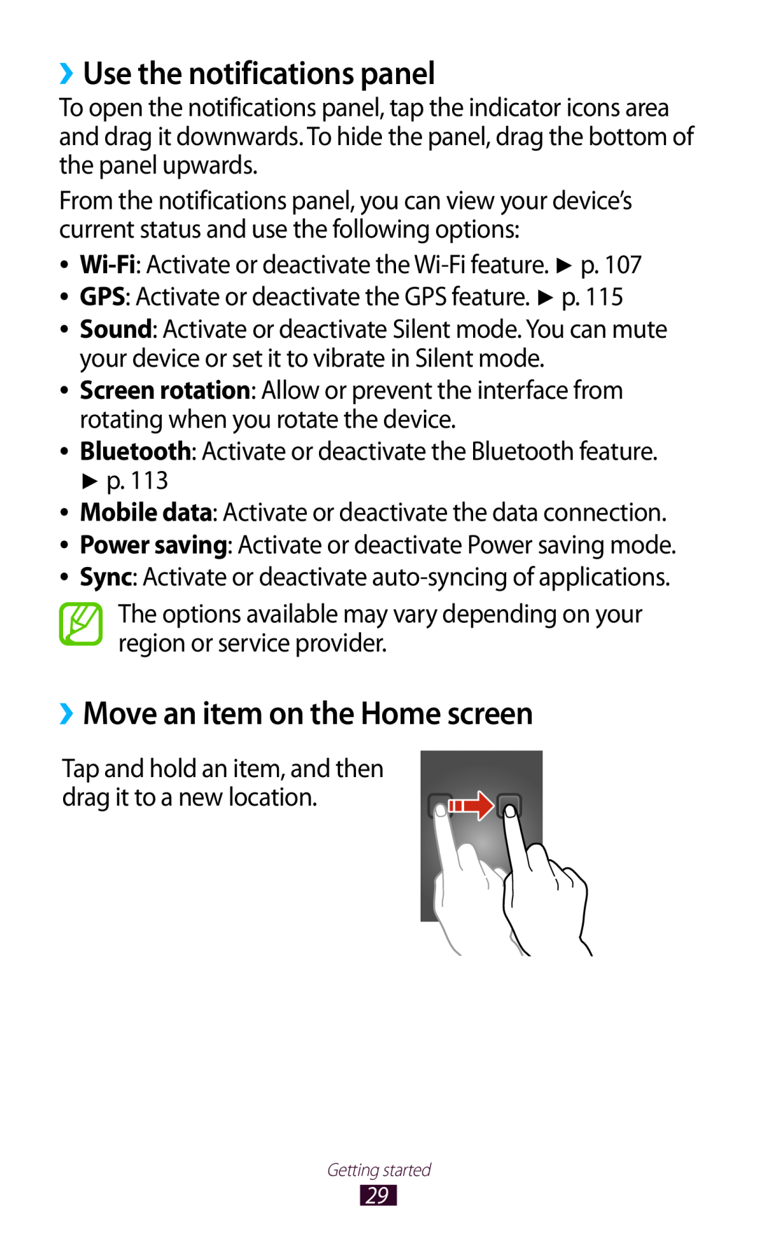 Samsung GT-I8160ZWAMSR, GT-I8160ZWADBT, GT-I8160OKAEPL ››Use the notifications panel, ››Move an item on the Home screen 