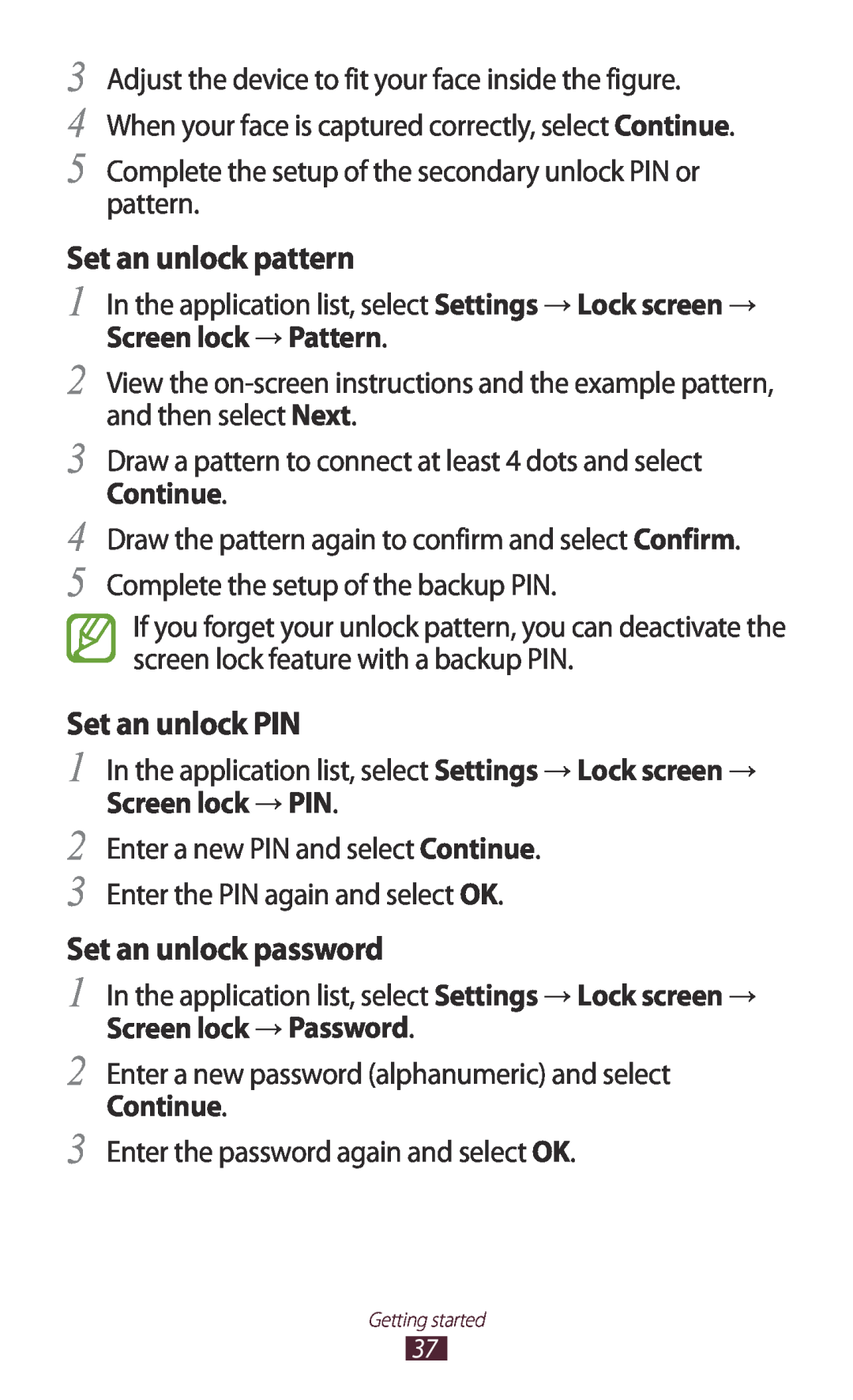 Samsung GT-I8160ZWAPHE manual Set an unlock pattern, Set an unlock PIN, Set an unlock password, Screen lock → Pattern 