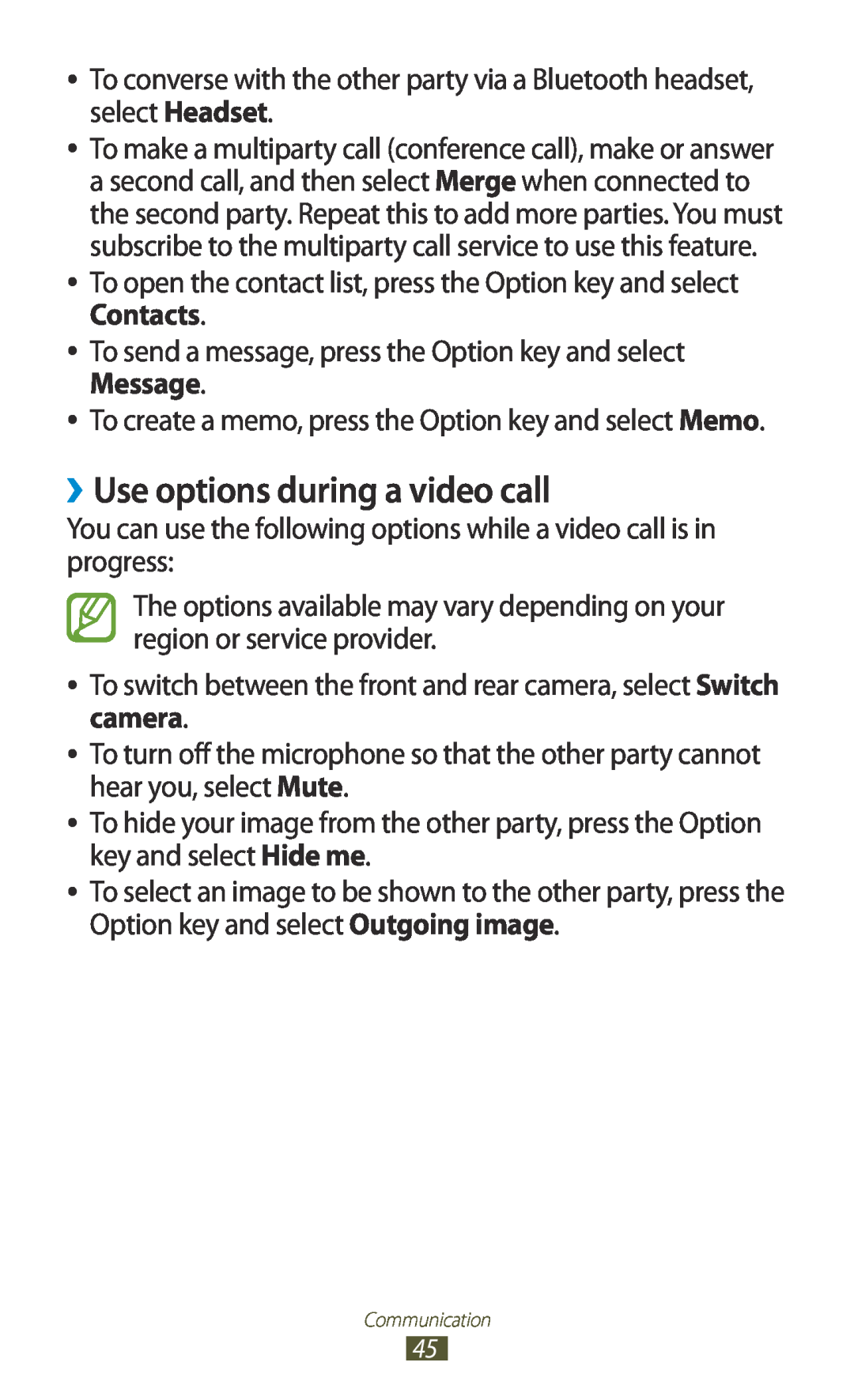 Samsung GT-I8160OKAVVT, GT-I8160ZWADBT, GT-I8160OKAEPL, GT-I8160OKAXEO, GT-I8160OKATUR manual ››Use options during a video call 