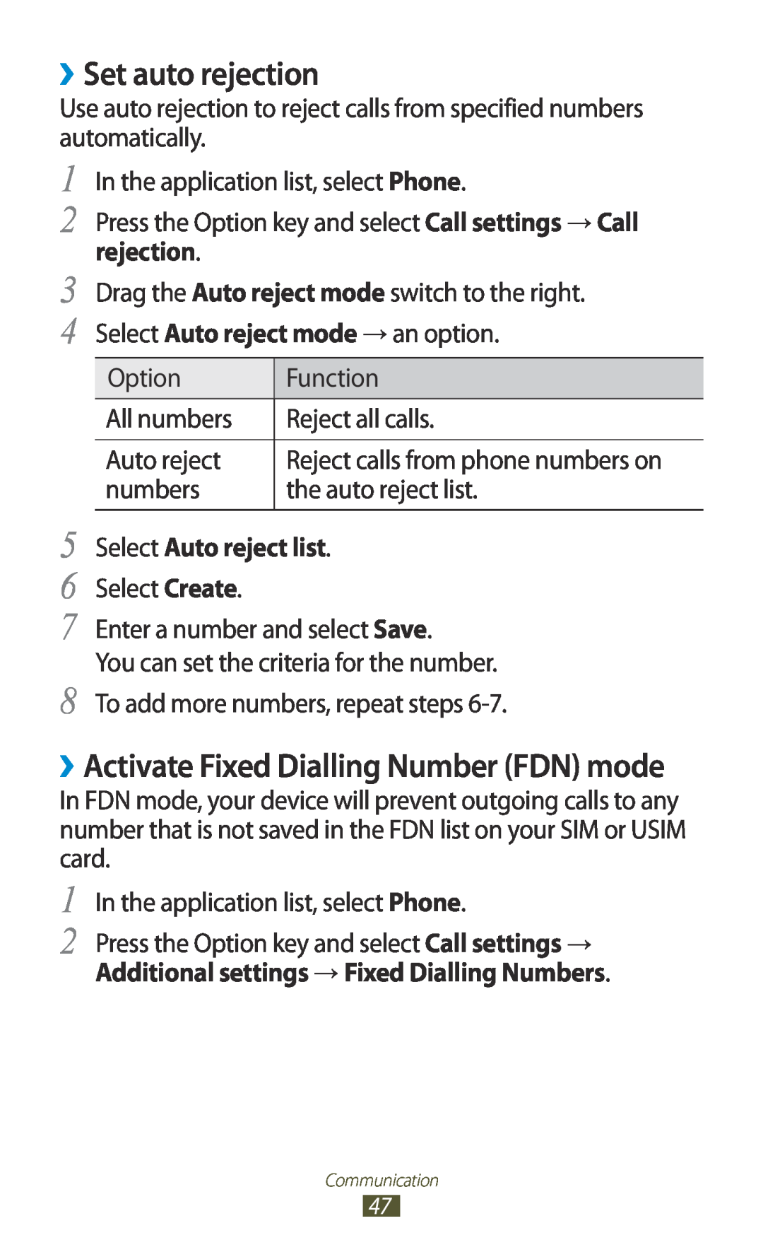 Samsung GT-I8160ZWAVVT, GT-I8160ZWADBT, GT-I8160OKAEPL manual ››Set auto rejection, ››Activate Fixed Dialling Number FDN mode 
