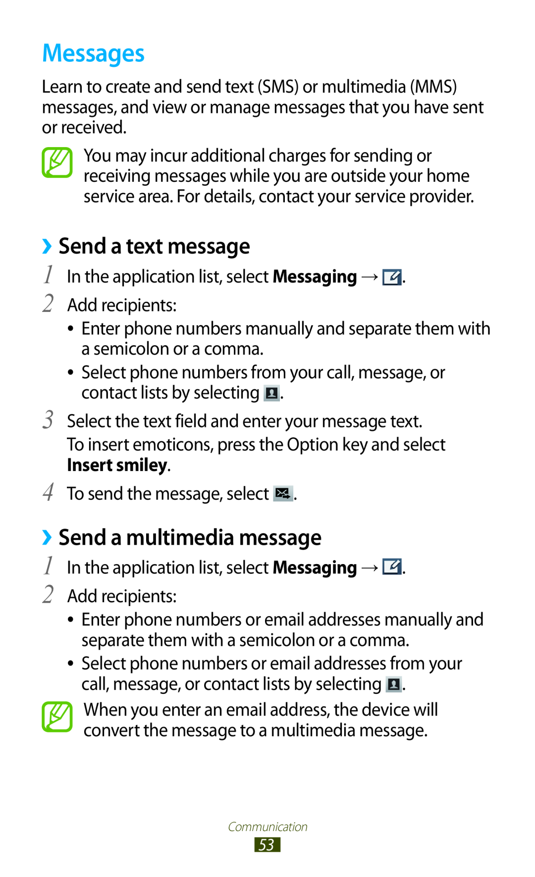 Samsung GT-I8160ZWAXSK, GT-I8160ZWADBT, GT-I8160OKAEPL manual Messages, ››Send a text message, ››Send a multimedia message 
