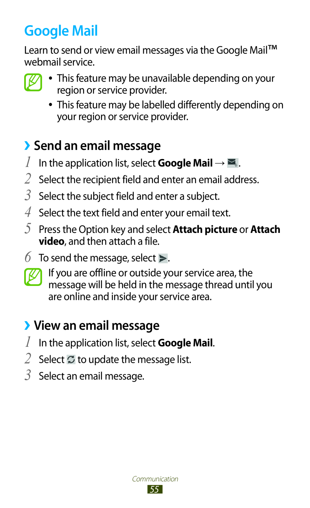 Samsung GT-I8160OKAXEZ, GT-I8160ZWADBT, GT-I8160OKAEPL manual Google Mail, Send an email message, ››View an email message 