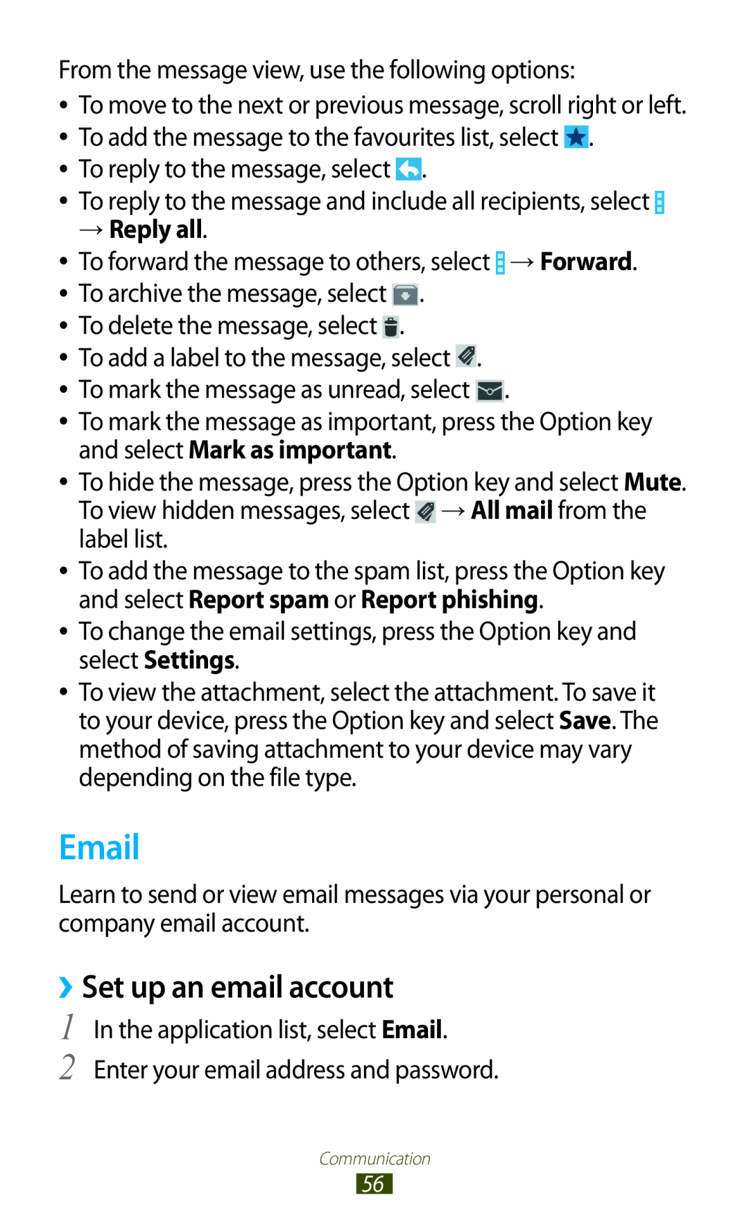 Samsung GT-I8160OKATMS, GT-I8160ZWADBT, GT-I8160OKAEPL, GT-I8160OKAXEO, GT-I8160OKATUR manual Email, ››Set up an email account 