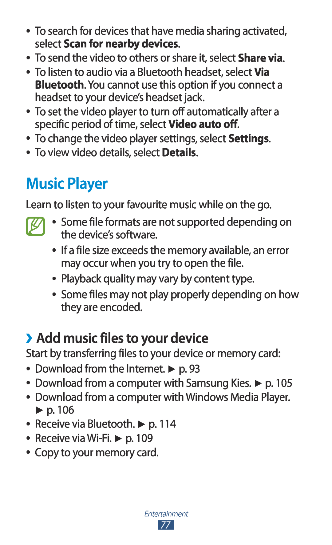 Samsung GT-I8160OKAATO, GT-I8160ZWADBT, GT-I8160OKAEPL, GT-I8160OKAXEO manual Music Player, ››Add music files to your device 