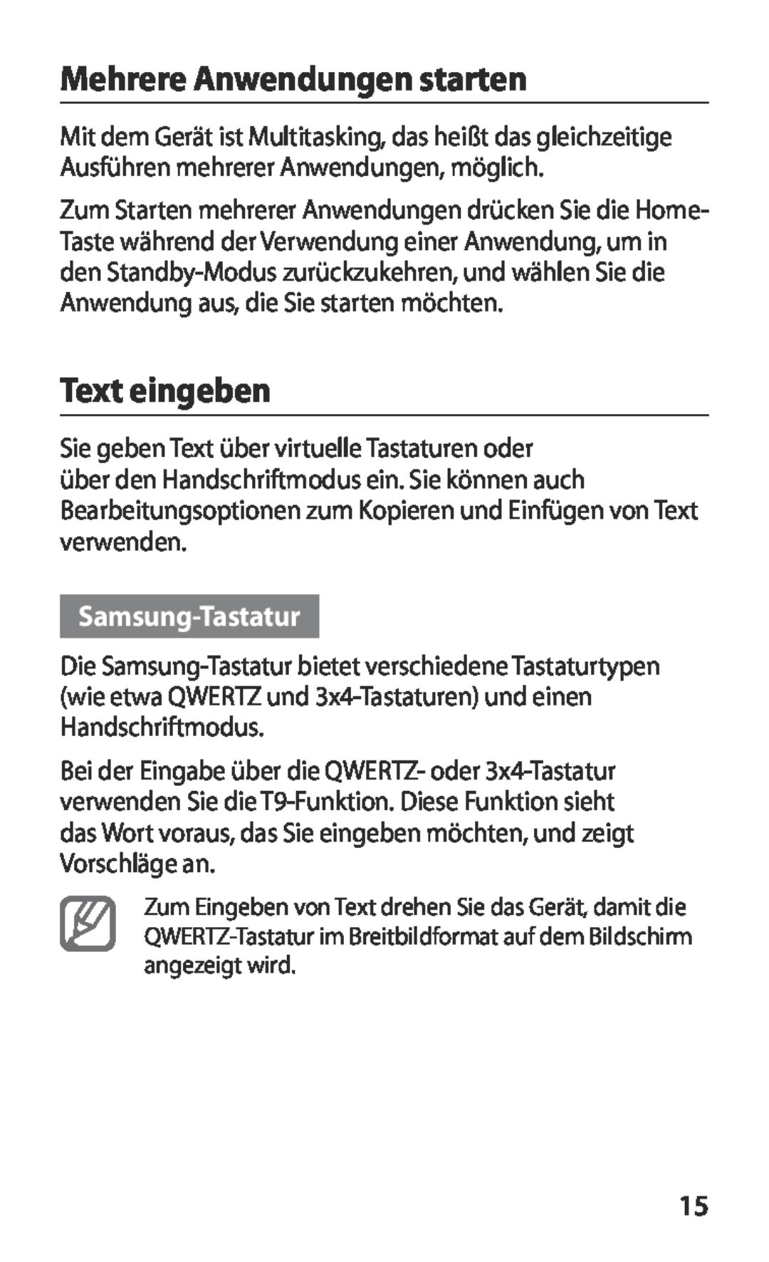 Samsung GT-I8160ZWAEPL, GT-I8160ZWADBT, GT-I8160OKAEPL manual Mehrere Anwendungen starten, Text eingeben, Samsung-Tastatur 