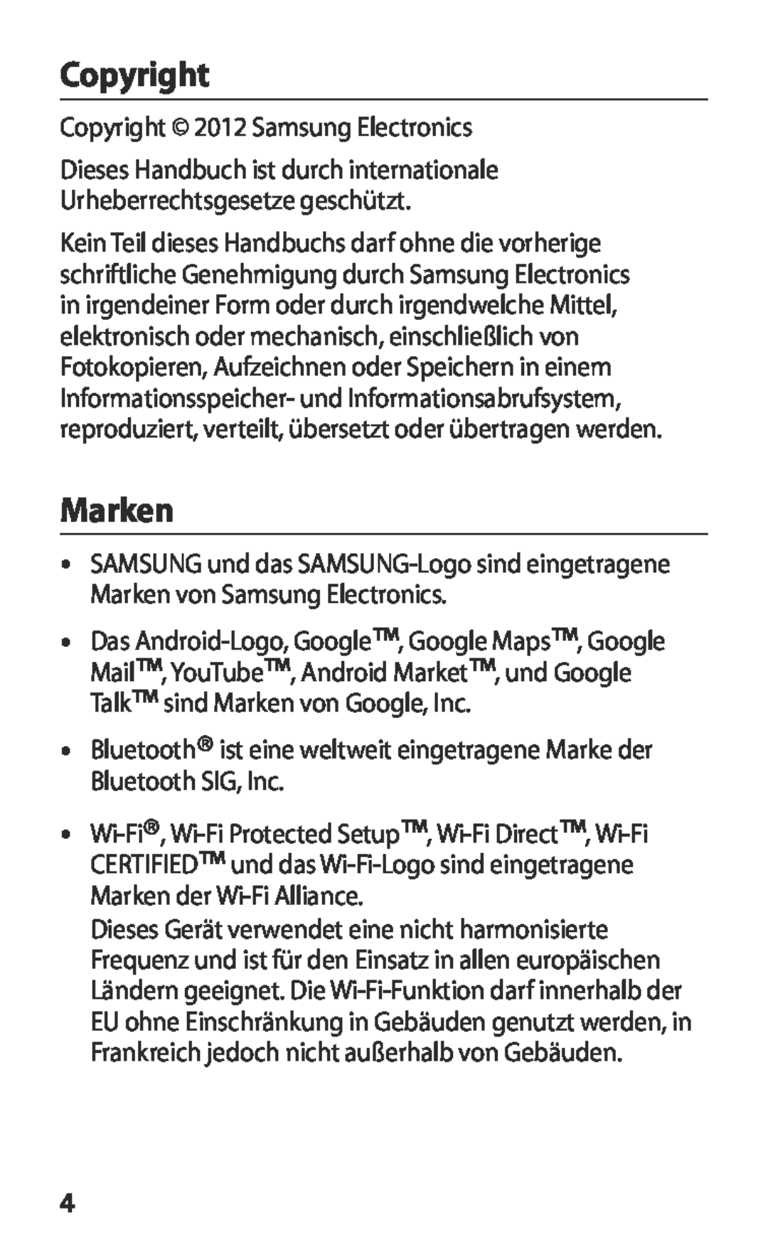 Samsung GT-I8160OKAEUR, GT-I8160ZWADBT, GT-I8160OKAEPL, GT-I8160OKAXEO manual Marken, Copyright 2012 Samsung Electronics 