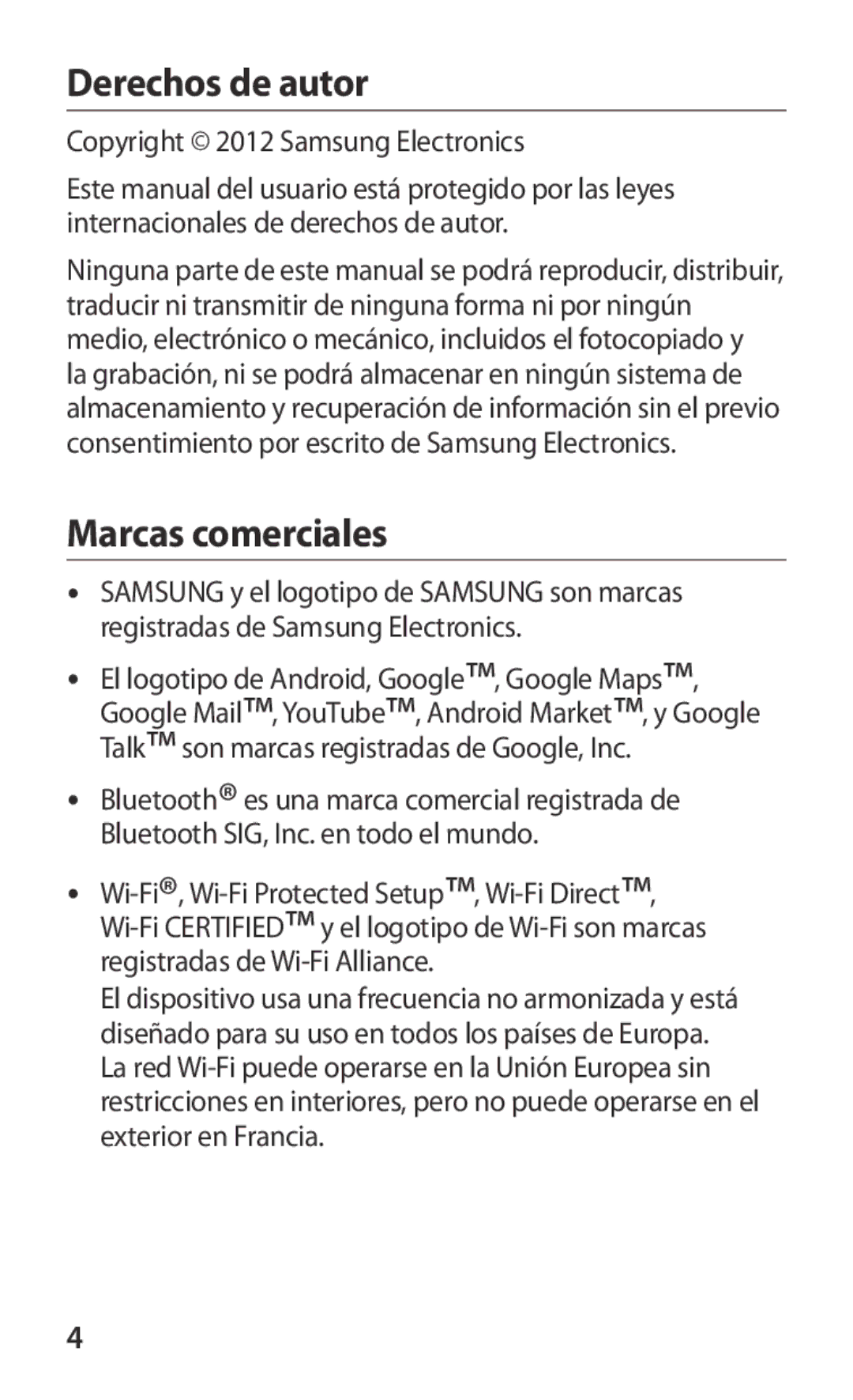 Samsung GT-I8160ZWZMWD, GT-I8160ZWADBT manual Derechos de autor, Marcas comerciales, Copyright 2012 Samsung Electronics 