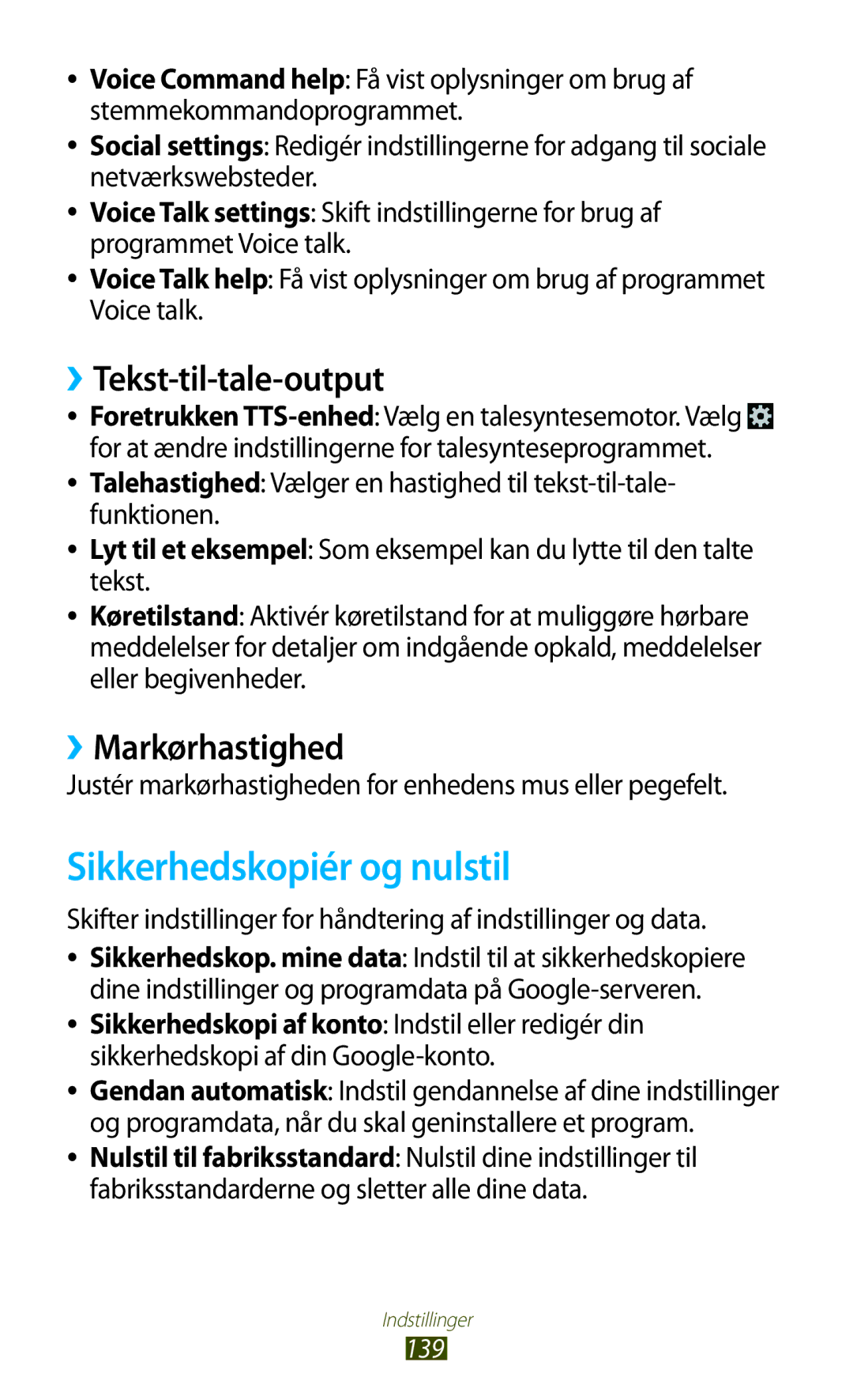 Samsung GT-I8160OKANEE, GT-I8160ZWANEE manual Sikkerhedskopiér og nulstil, ››Tekst-til-tale-output, ››Markørhastighed 