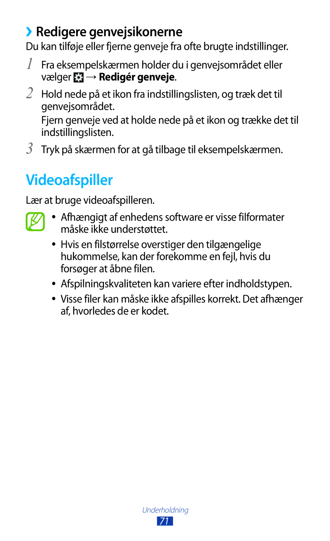 Samsung GT-I8160OKANEE, GT-I8160ZWANEE manual Videoafspiller, ››Redigere genvejsikonerne 