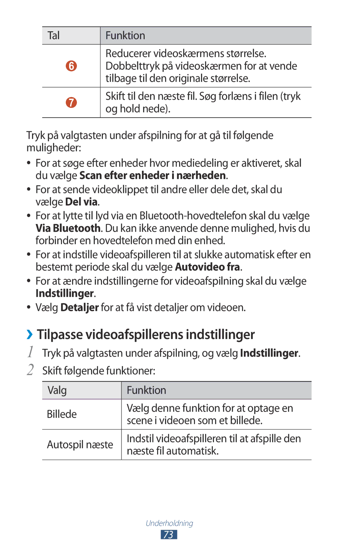 Samsung GT-I8160OKANEE manual ››Tilpasse videoafspillerens indstillinger, Tal Funktion Reducerer videoskærmens størrelse 