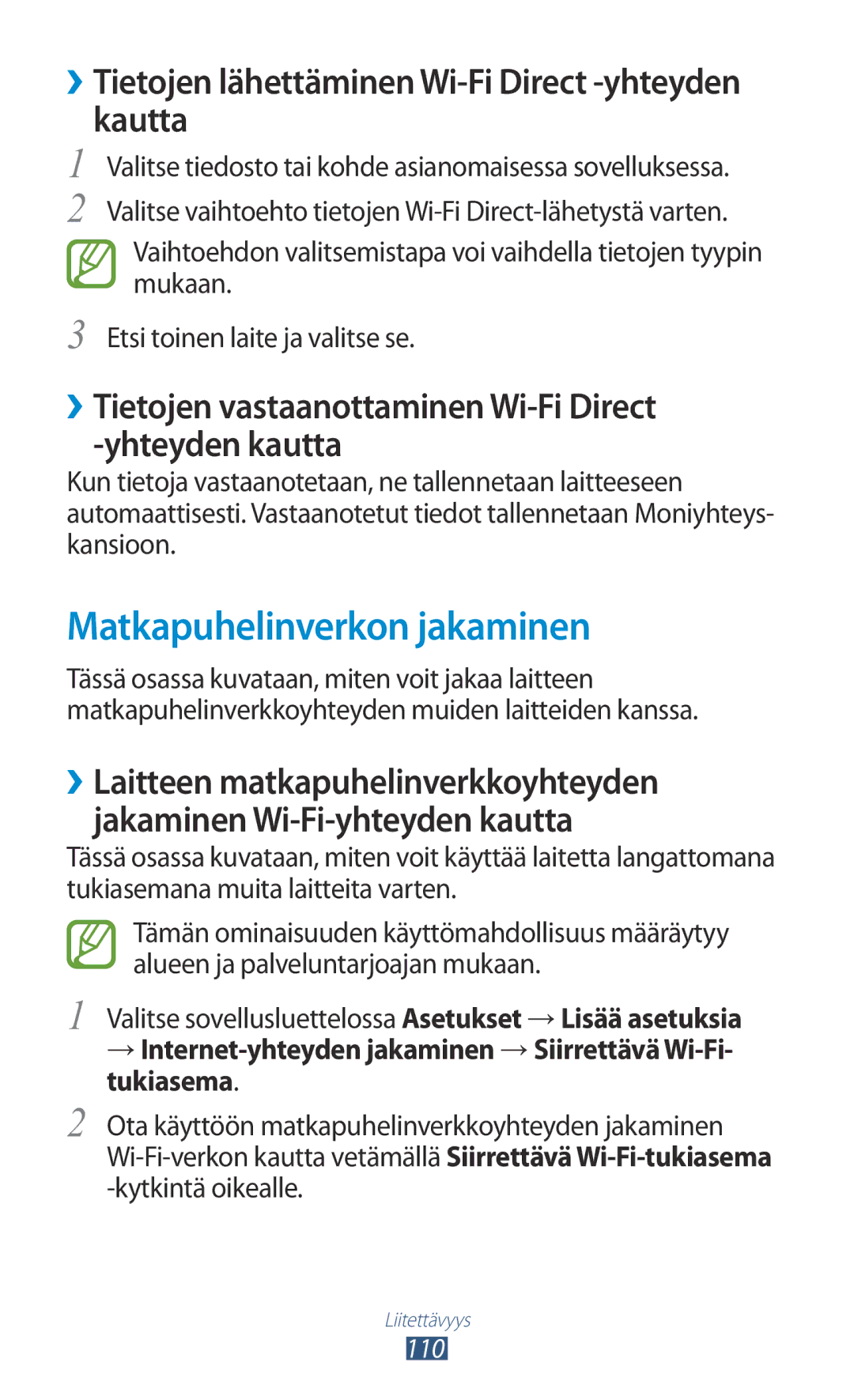 Samsung GT-I8160ZWANEE, GT-I8160OKANEE Matkapuhelinverkon jakaminen, ››Tietojen lähettäminen Wi-Fi Direct -yhteyden kautta 