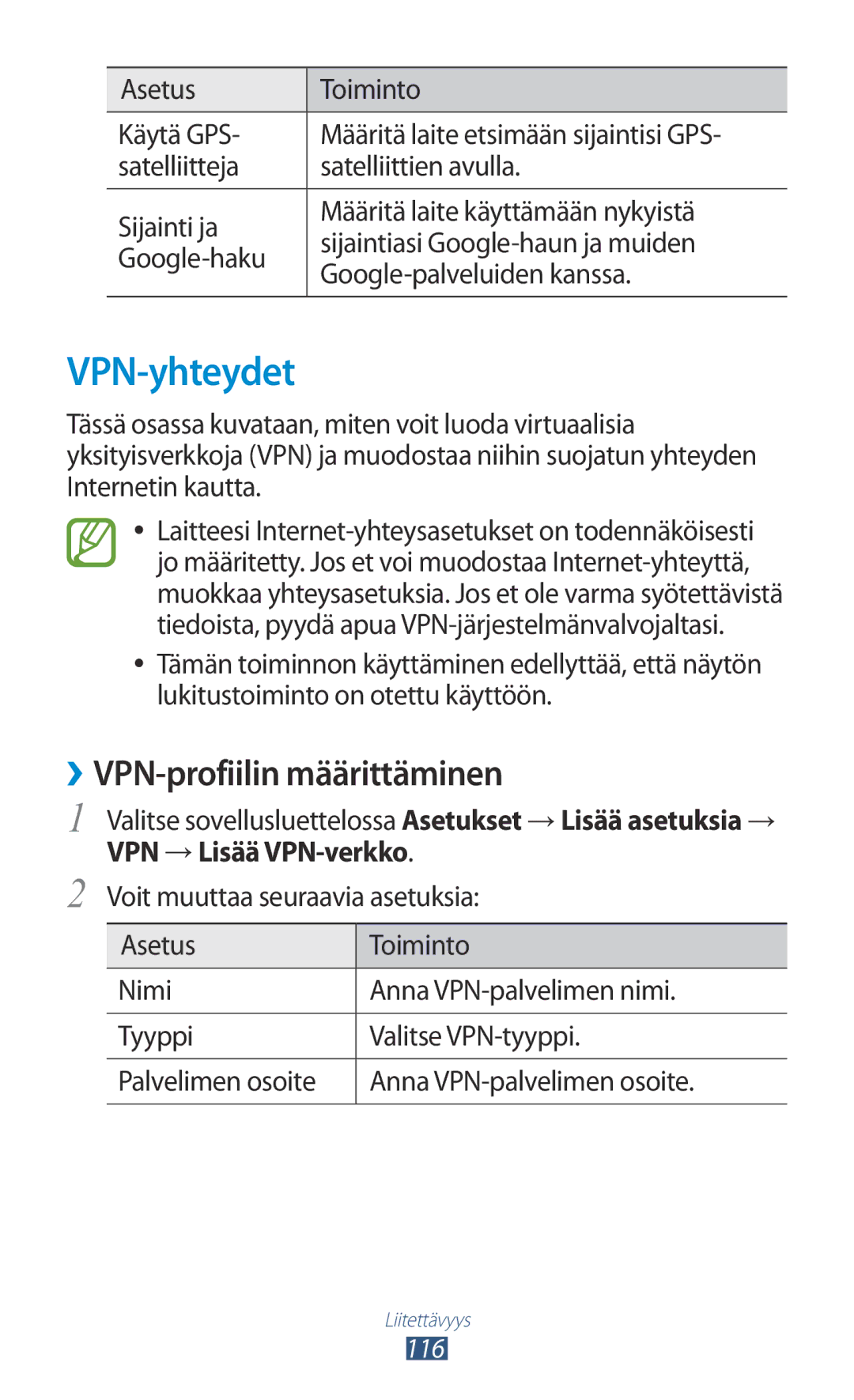 Samsung GT-I8160ZWANEE, GT-I8160OKANEE manual VPN-yhteydet, VPN-profiilin määrittäminen, VPN →Lisää VPN-verkko 