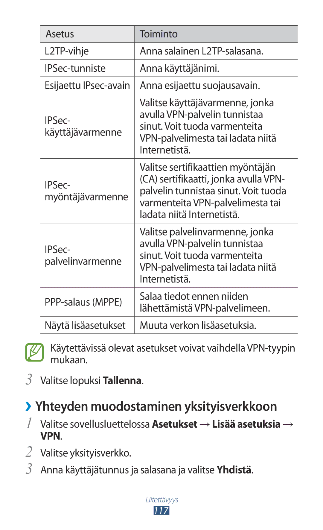 Samsung GT-I8160OKANEE Anna esijaettu suojausavain, Valitse käyttäjävarmenne, jonka, Varmenteita VPN-palvelimesta tai 