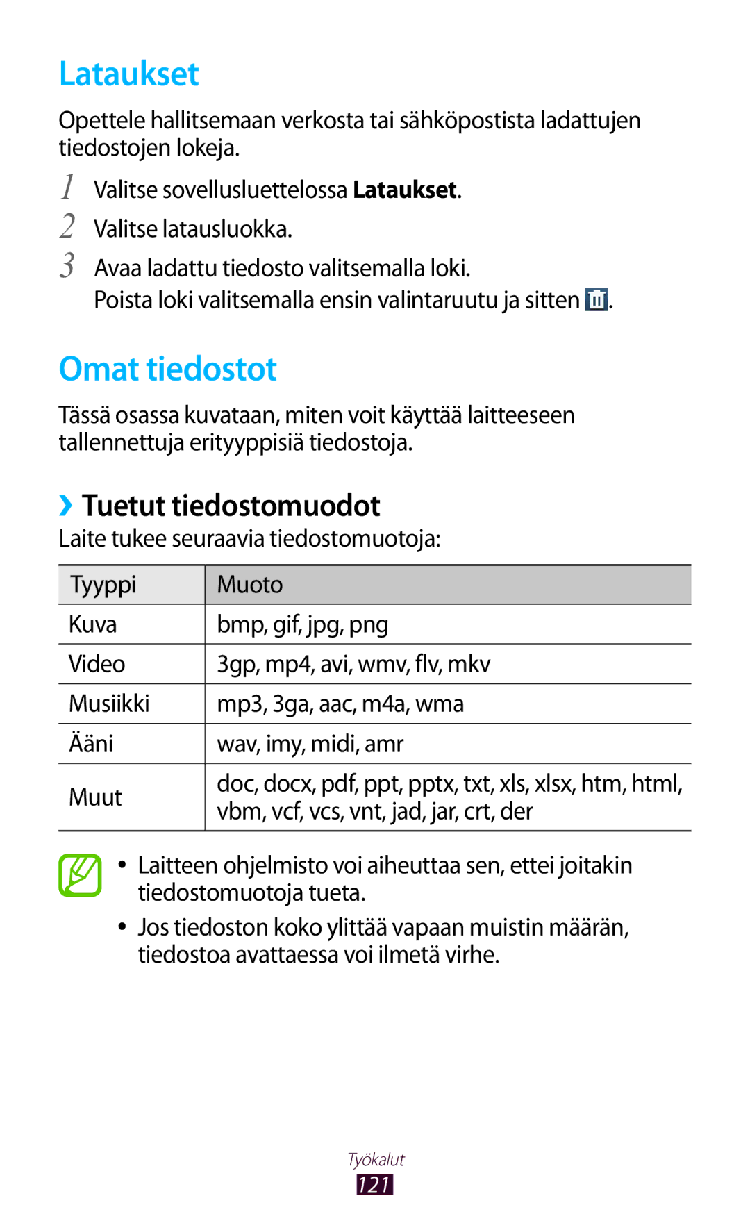 Samsung GT-I8160OKANEE, GT-I8160ZWANEE manual Lataukset, Omat tiedostot, ››Tuetut tiedostomuodot 