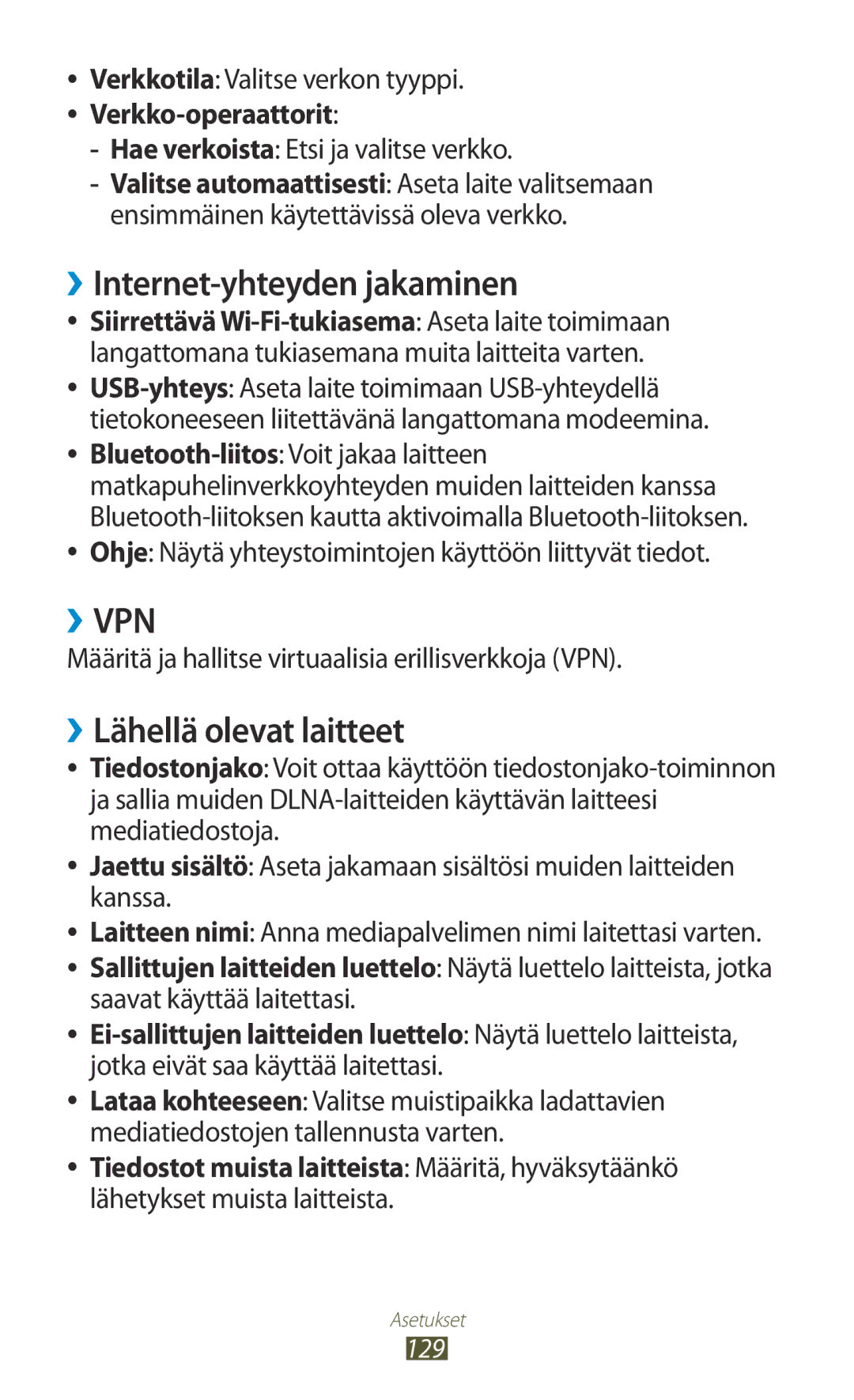 Samsung GT-I8160OKANEE, GT-I8160ZWANEE manual ››Internet-yhteyden jakaminen, ››Lähellä olevat laitteet, Verkko-operaattorit 