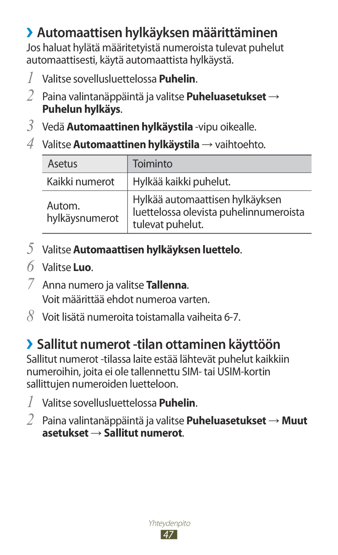 Samsung GT-I8160OKANEE manual ››Automaattisen hylkäyksen määrittäminen, ››Sallitut numerot -tilan ottaminen käyttöön 