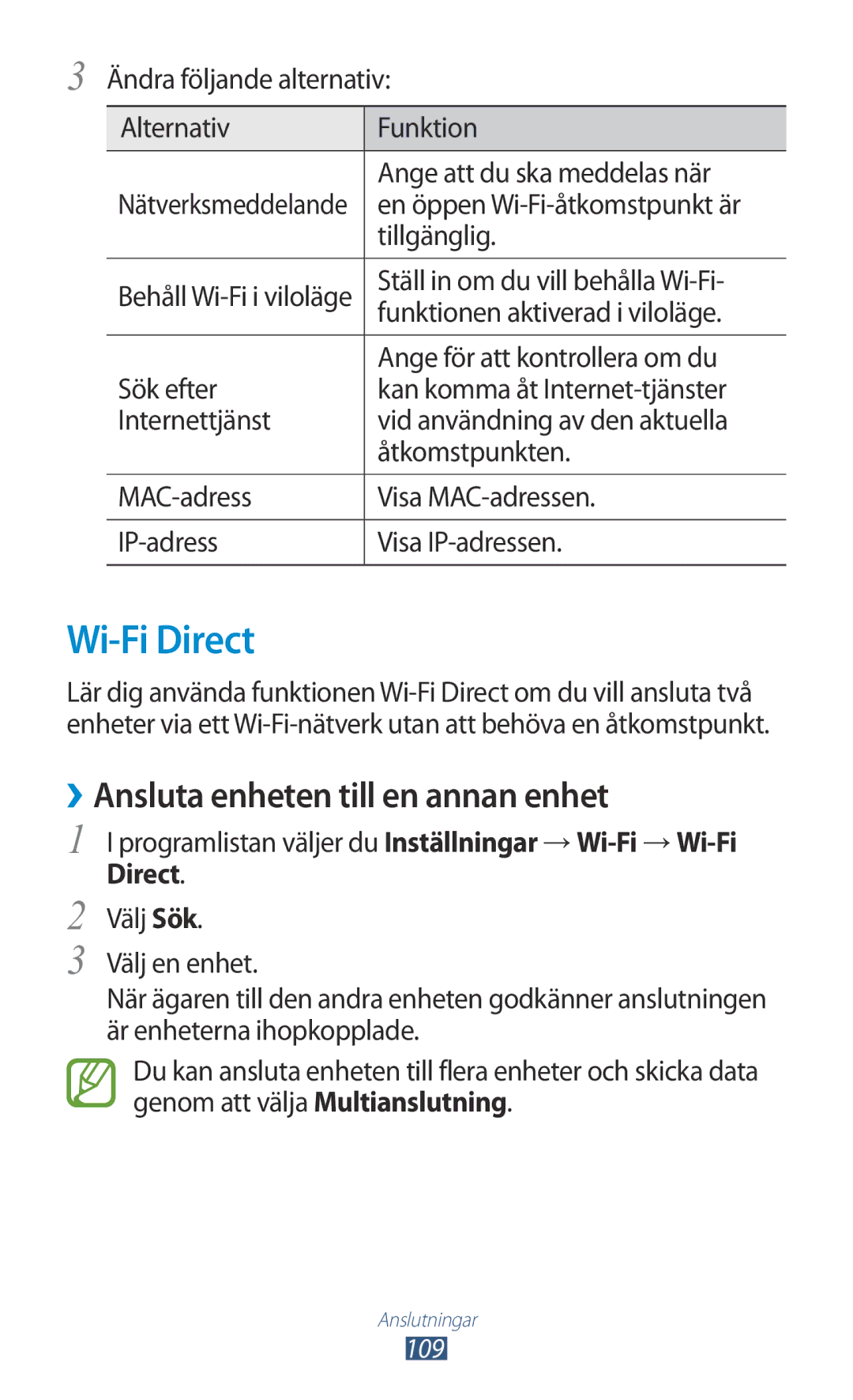 Samsung GT-I8160OKANEE, GT-I8160ZWANEE manual Wi-Fi Direct, ››Ansluta enheten till en annan enhet 