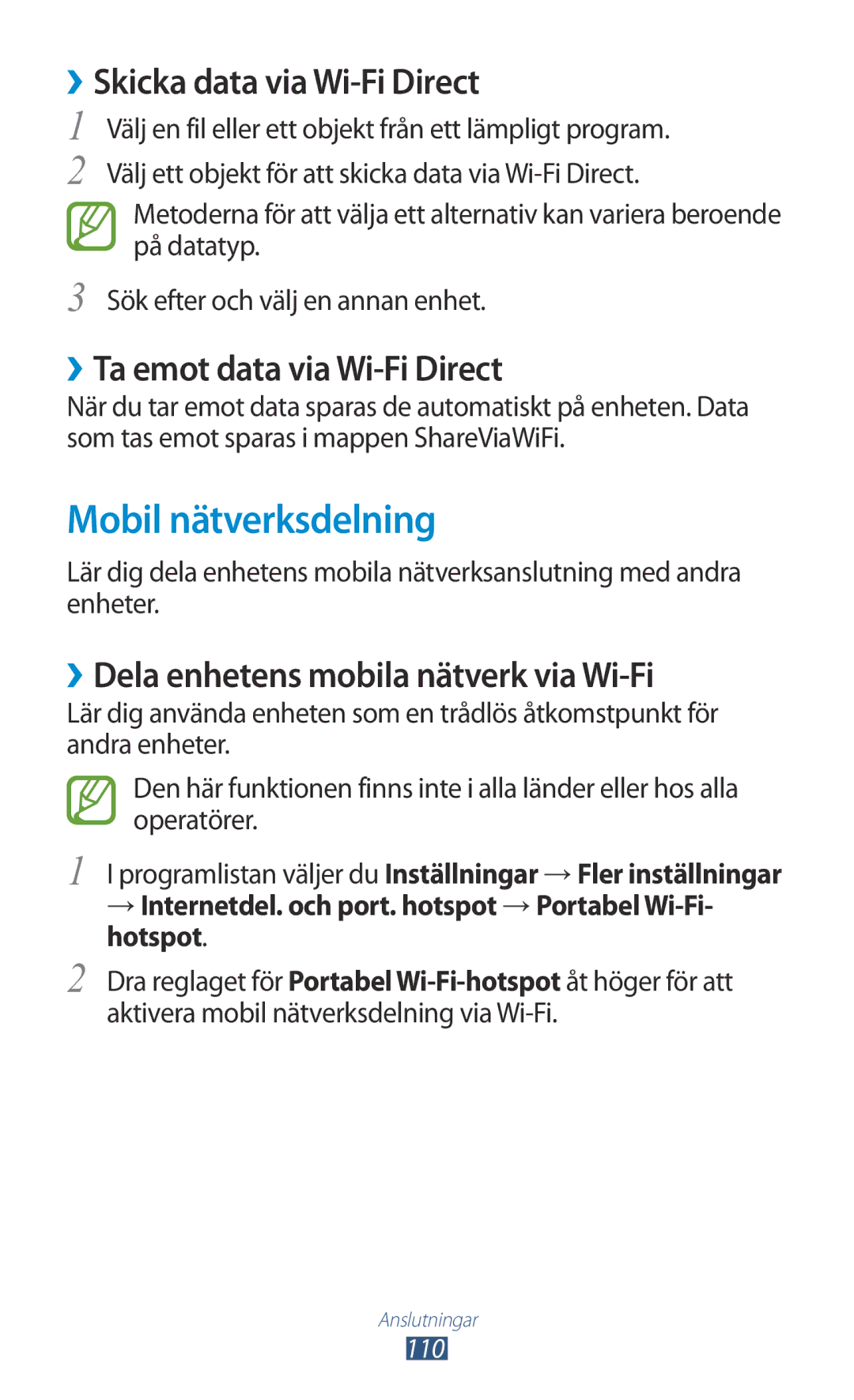 Samsung GT-I8160ZWANEE manual Mobil nätverksdelning, ››Skicka data via Wi-Fi Direct, ››Ta emot data via Wi-Fi Direct 