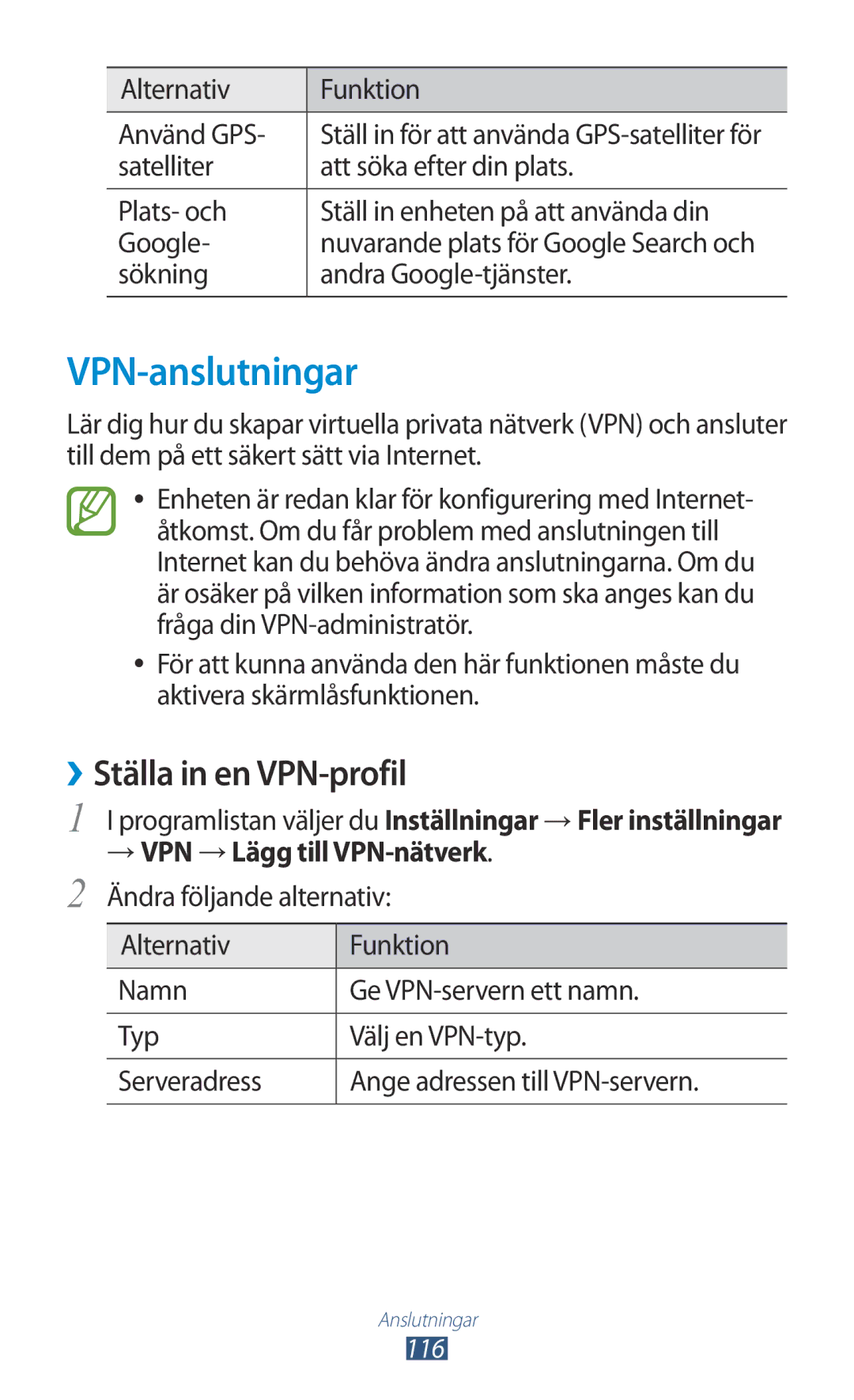 Samsung GT-I8160ZWANEE, GT-I8160OKANEE manual VPN-anslutningar, ››Ställa in en VPN-profil, Alternativ Funktion Använd GPS 