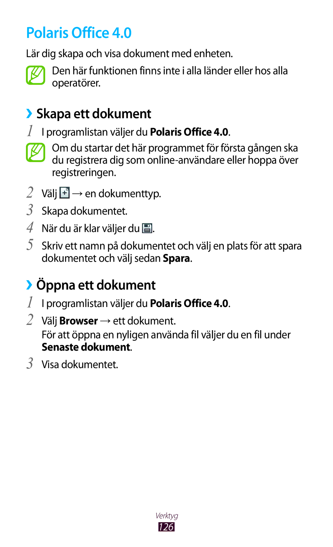 Samsung GT-I8160ZWANEE, GT-I8160OKANEE manual Polaris Office, ››Skapa ett dokument, ››Öppna ett dokument 